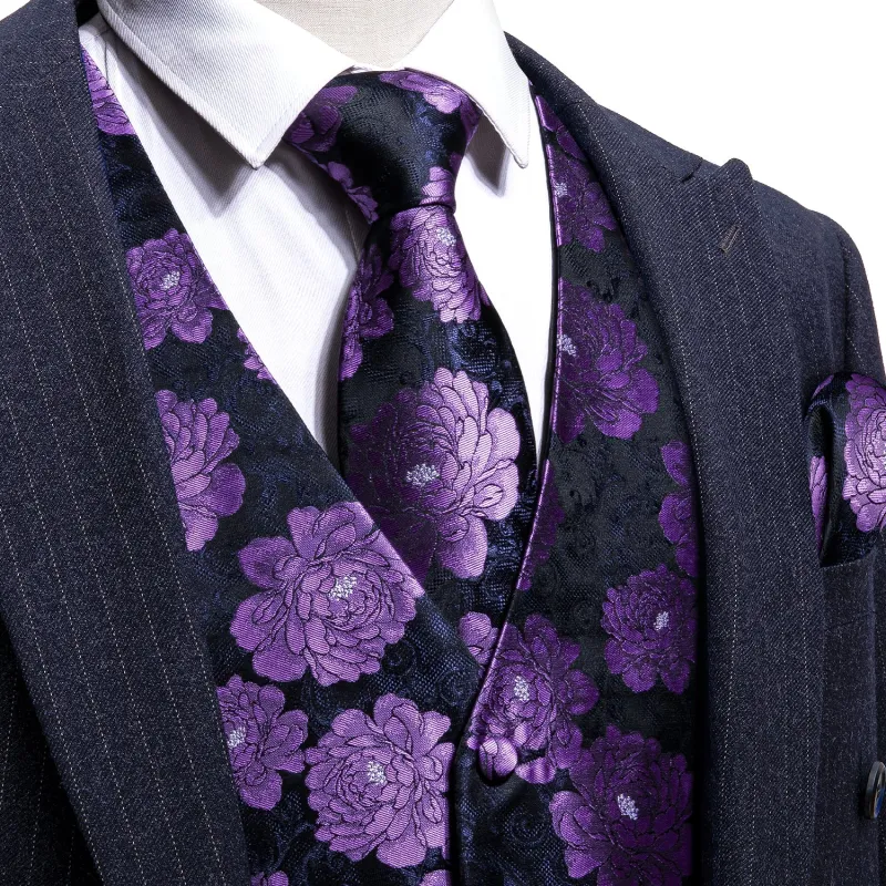 Barry. Wang Mens Suit Vest  Black Purple Floral Jacquared Formal Dress Waistcoat Necktie Pocket Square Cufflinks Set sold by Barrywang
