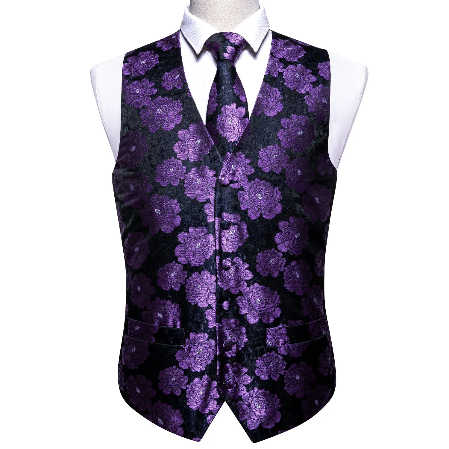 Barry. Wang Mens Suit Vest Black Purple Floral Jacquared Formal Dress Waistcoat Necktie Pocket Square Cufflinks Set sold by Barrywang product image thumbnail 3
