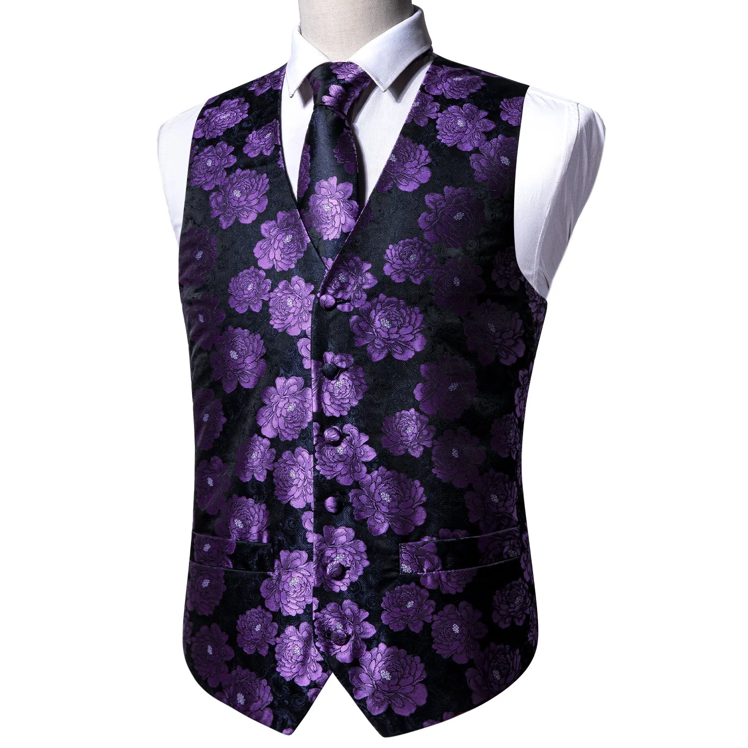 Barry. Wang Mens Suit Vest Black Purple Floral Jacquared Formal Dress Waistcoat Necktie Pocket Square Cufflinks Set sold by Barrywang product image thumbnail 4