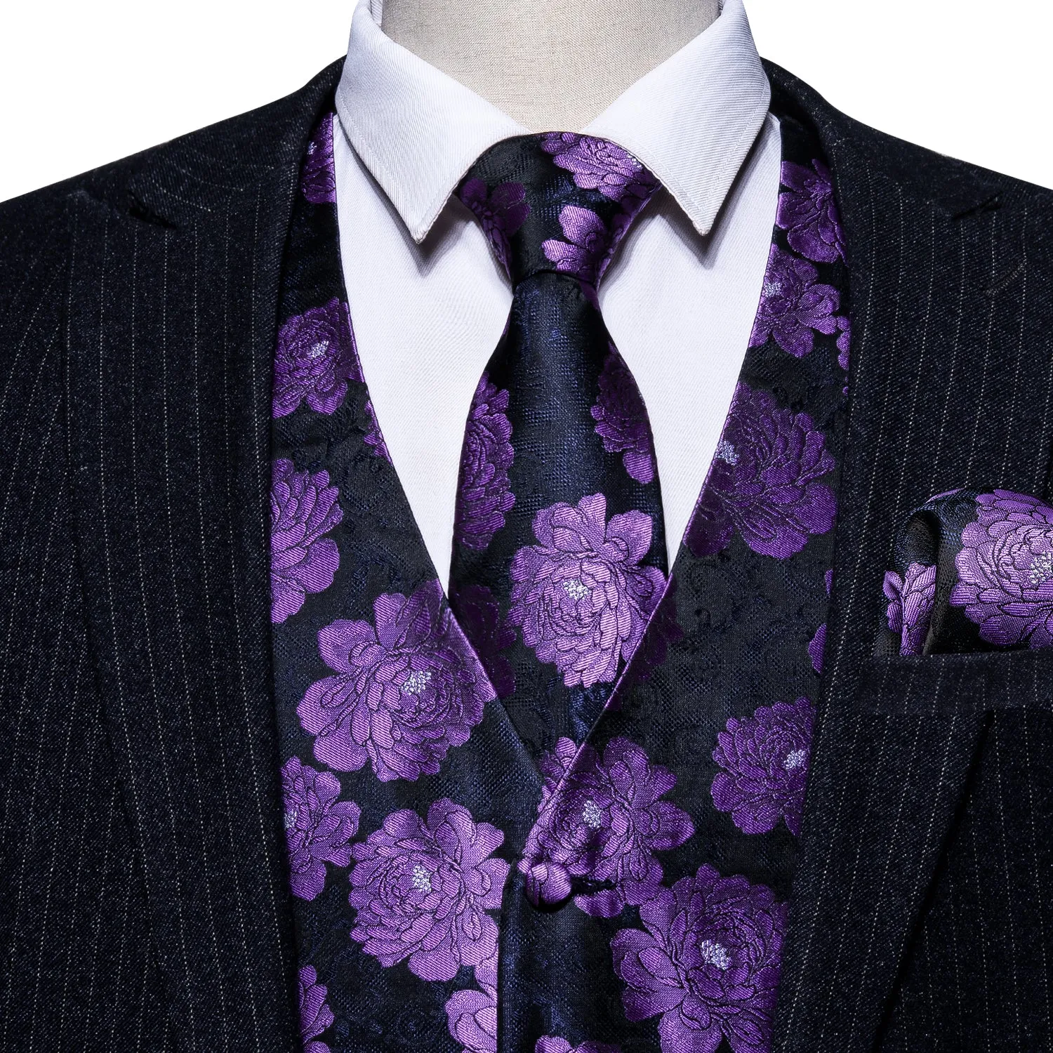 Barry. Wang Mens Suit Vest Black Purple Floral Jacquared Formal Dress Waistcoat Necktie Pocket Square Cufflinks Set sold by Barrywang product image thumbnail 2