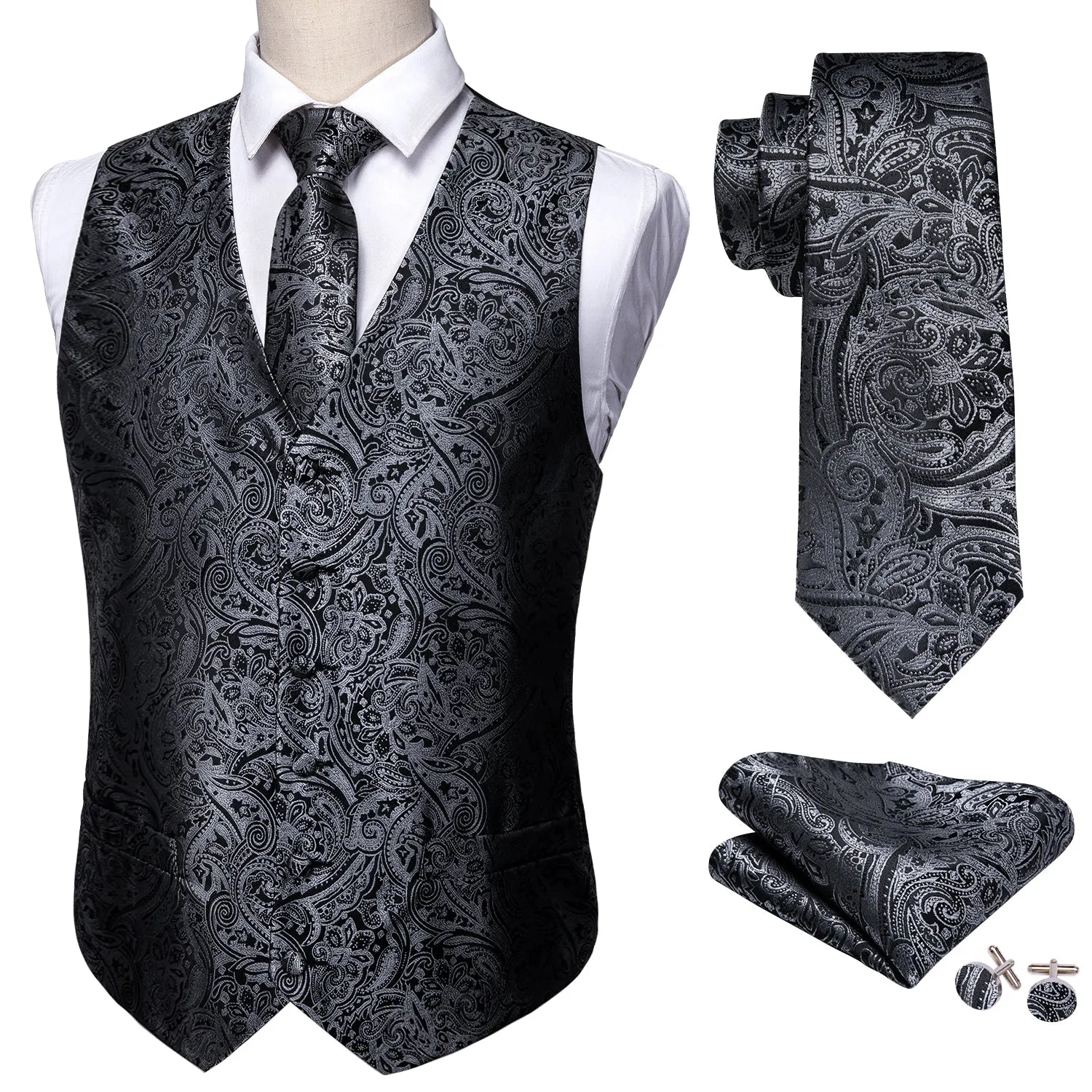 Barry. Wang Mens Grey Vest Suit 4PCS Silk Paisley Vest Necktie Pocket Square Cufflinks Set Business Woven Waistcoat for Suit Tuxedo sold by Barrywang product image thumbnail 4