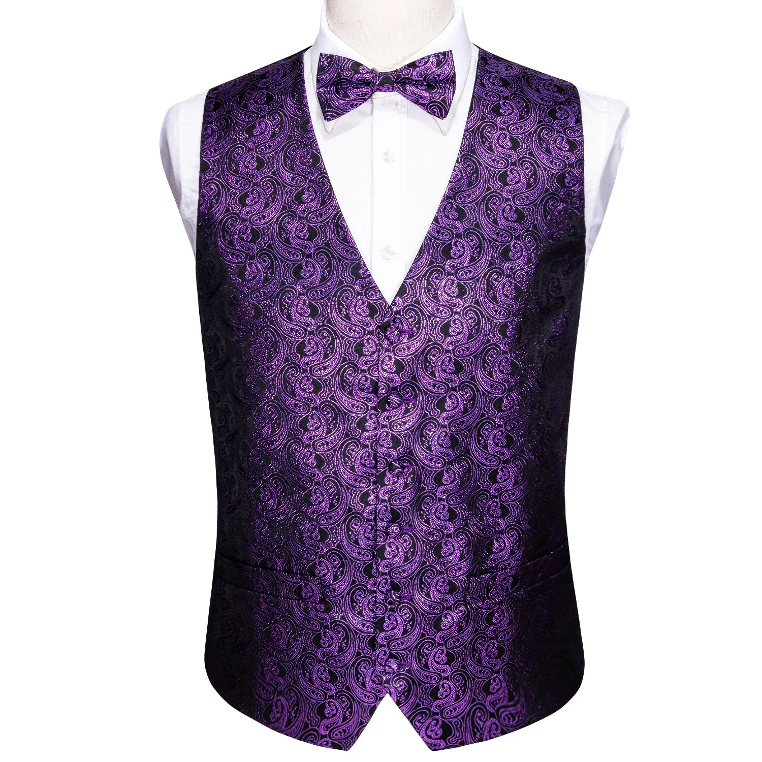Barry. Wang Mens Purple Vest Suit 4PCS Silk Paisley Vest Bowtie Hanky Cufflinks Set Business Woven Waistcoat for Suit Tuxedo sold by Barrywang product image thumbnail 4