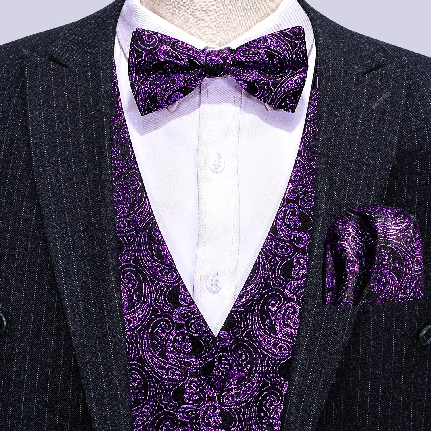 Barry. Wang Mens Purple Vest Suit 4PCS Silk Paisley Vest Bowtie Hanky Cufflinks Set Business Woven Waistcoat for Suit Tuxedo sold by Barrywang product image thumbnail 2