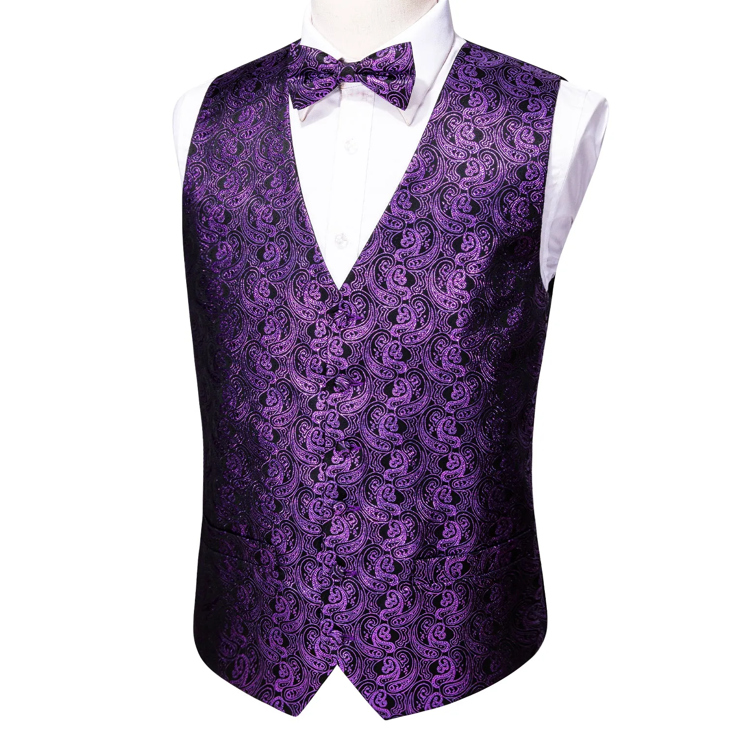 Barry. Wang Mens Purple Vest Suit 4PCS Silk Paisley Vest Bowtie Hanky Cufflinks Set Business Woven Waistcoat for Suit Tuxedo sold by Barrywang product image thumbnail 5