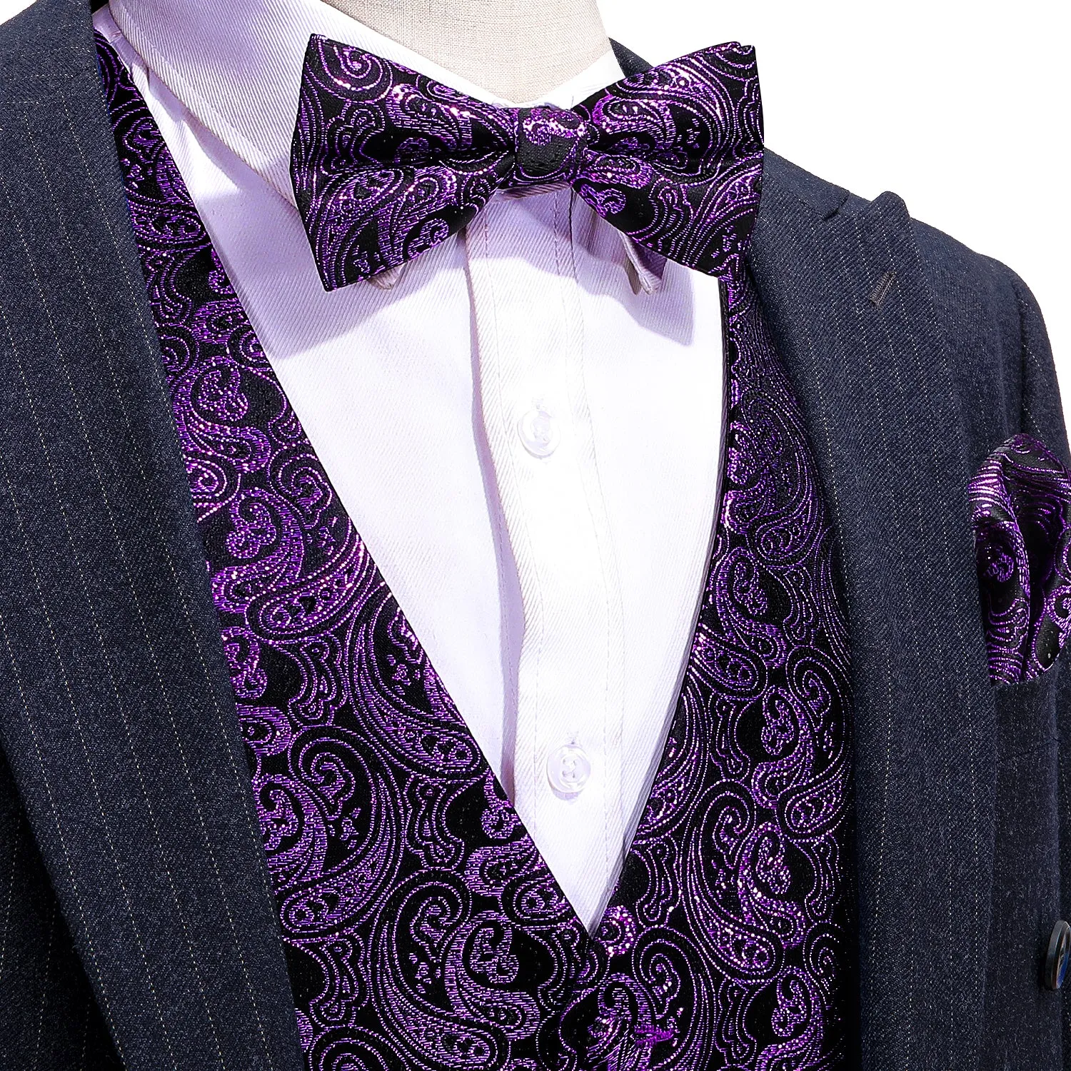 Barry. Wang Mens Purple Vest Suit 4PCS Silk Paisley Vest Bowtie Hanky Cufflinks Set Business Woven Waistcoat for Suit Tuxedo sold by Barrywang
