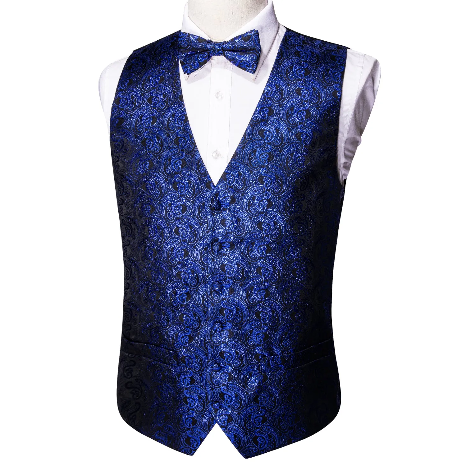 Barry. Wang Mens Royal Blue Black Vest Suit 4PCS Silk Paisley Vest Bowtie Hanky Cufflinks Set Business Woven Waistcoat for Suit Tuxedo sold by Barrywang product image thumbnail 4