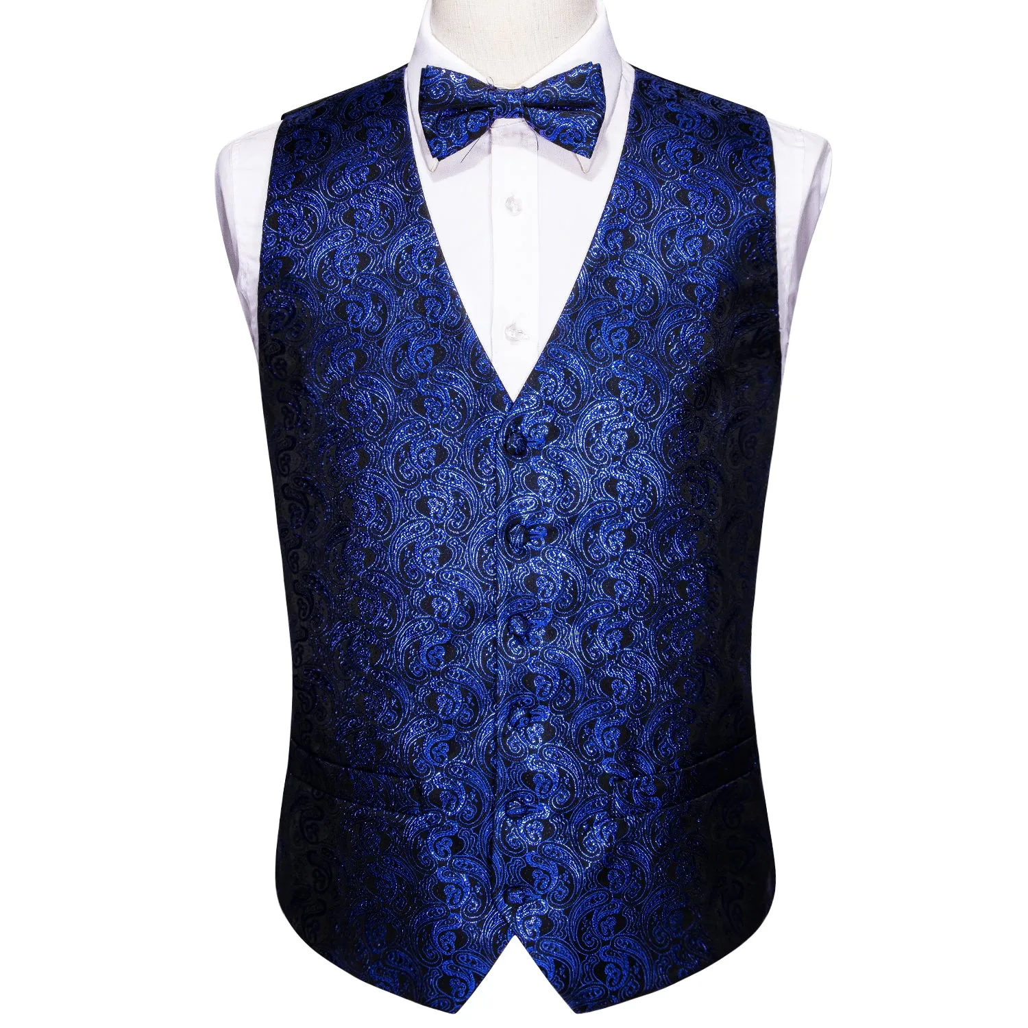 Barry. Wang Mens Royal Blue Black Vest Suit 4PCS Silk Paisley Vest Bowtie Hanky Cufflinks Set Business Woven Waistcoat for Suit Tuxedo sold by Barrywang product image thumbnail 5
