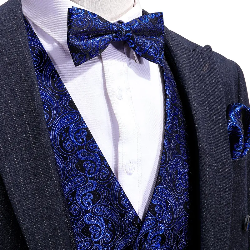Barry. Wang Mens Royal Blue Black Vest Suit 4PCS Silk Paisley Vest Bowtie Hanky Cufflinks Set Business Woven Waistcoat for Suit Tuxedo sold by Barrywang
