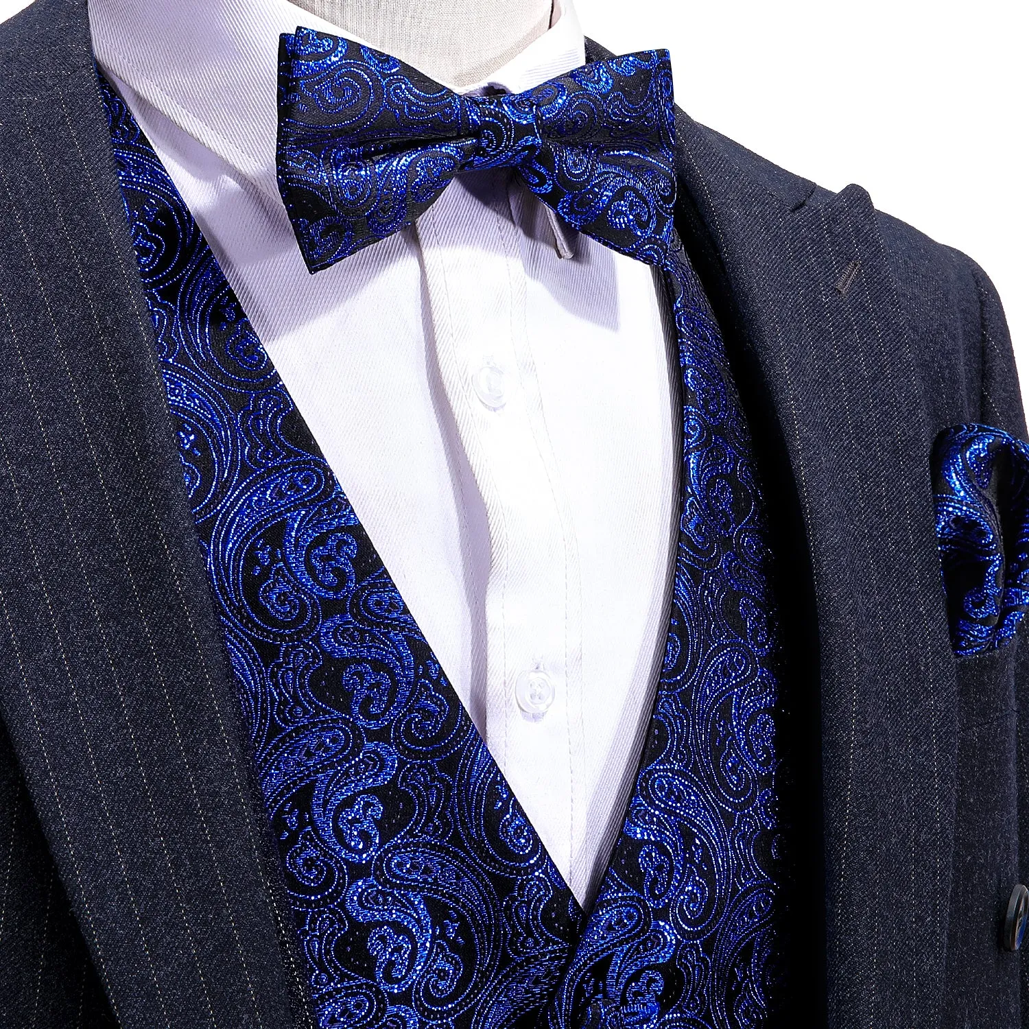 Barry. Wang Mens Royal Blue Black Vest Suit 4PCS Silk Paisley Vest Bowtie Hanky Cufflinks Set Business Woven Waistcoat for Suit Tuxedo sold by Barrywang