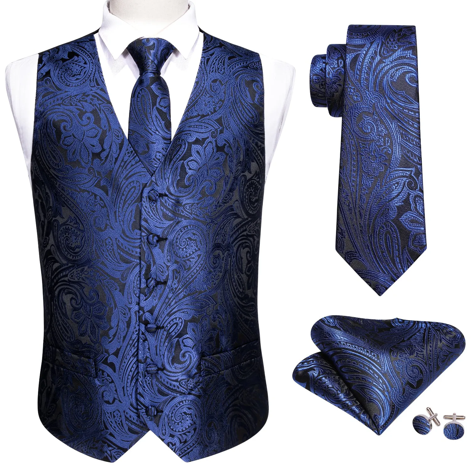Barry. Wang Mens Navy Blue Suit Vest Paisley Silk Jacquard Wedding Waistcoat Tie Hanky Cufflinks Set Formal Casual sold by Barrywang product image thumbnail 3