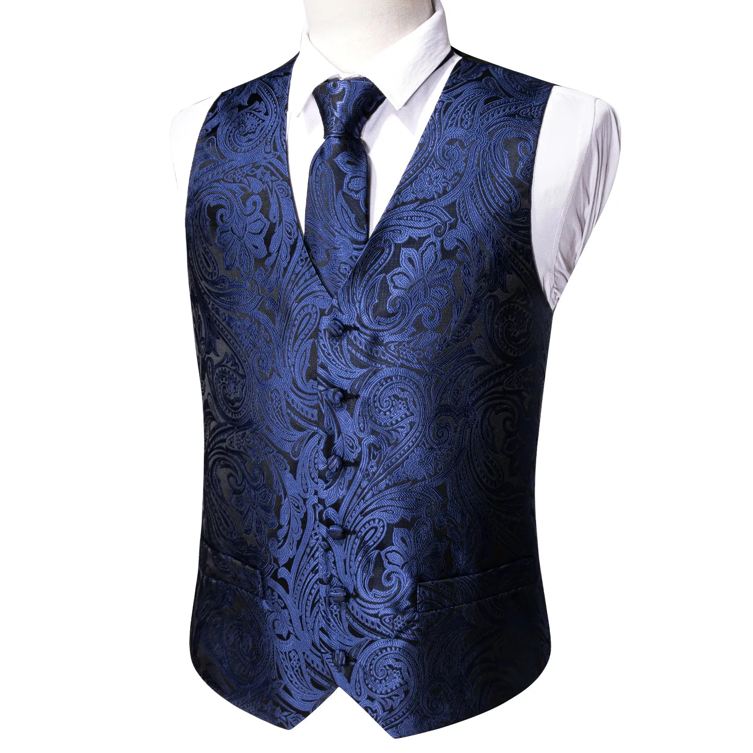Barry. Wang Mens Navy Blue Suit Vest Paisley Silk Jacquard Wedding Waistcoat Tie Hanky Cufflinks Set Formal Casual sold by Barrywang product image thumbnail 5