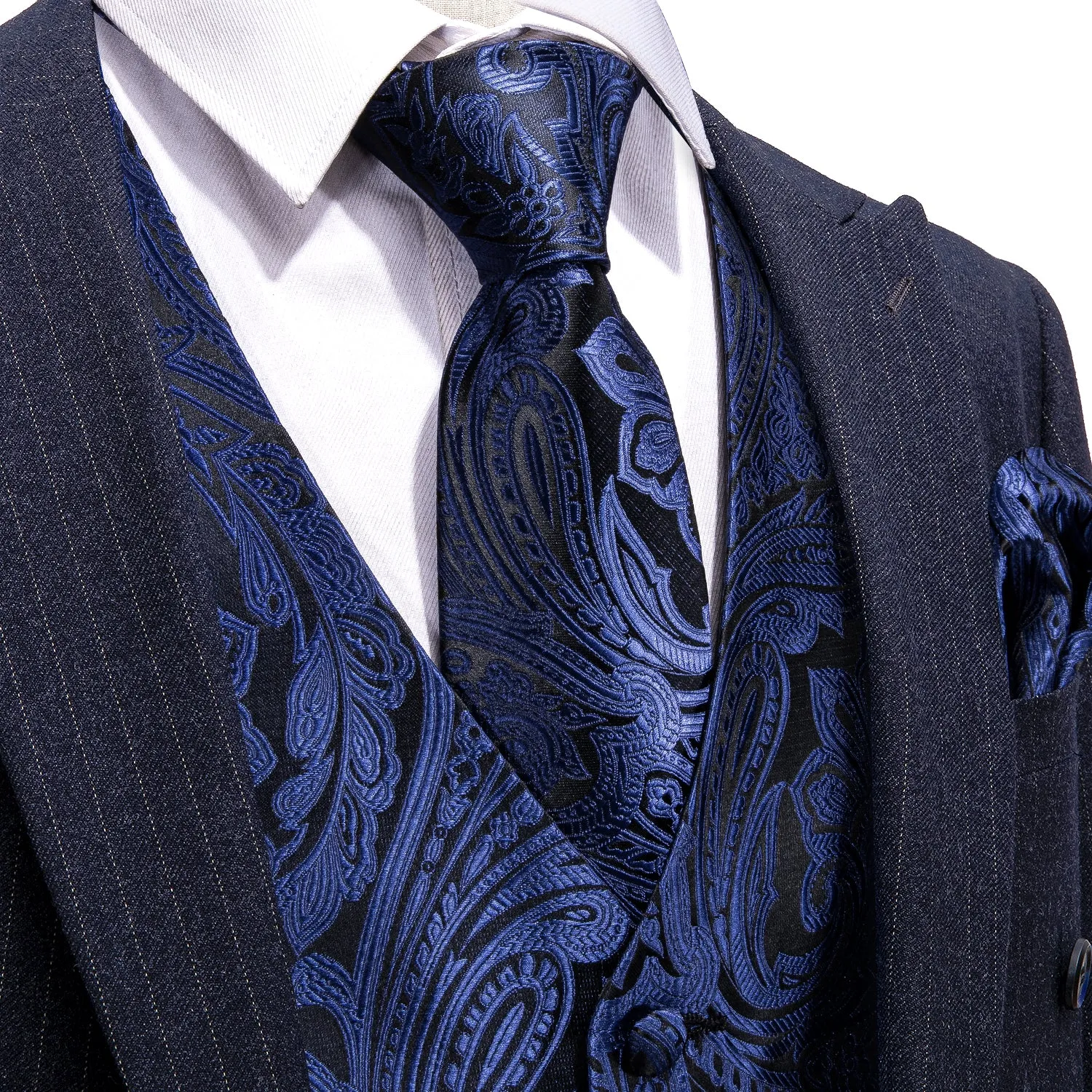 Barry. Wang Mens Navy Blue Suit Vest Paisley Silk Jacquard Wedding Waistcoat Tie Hanky Cufflinks Set Formal Casual sold by Barrywang