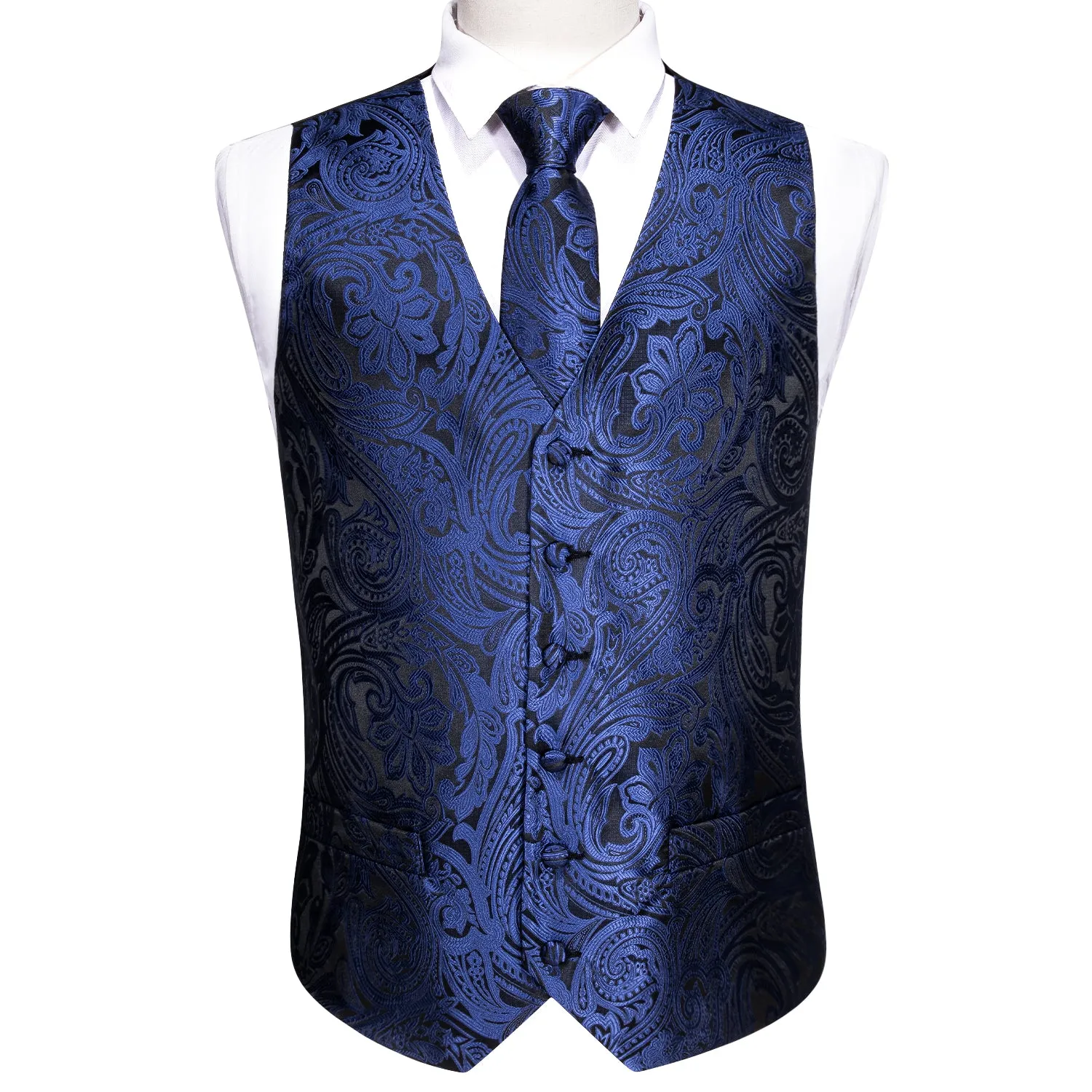 Barry. Wang Mens Navy Blue Suit Vest Paisley Silk Jacquard Wedding Waistcoat Tie Hanky Cufflinks Set Formal Casual sold by Barrywang product image thumbnail 4