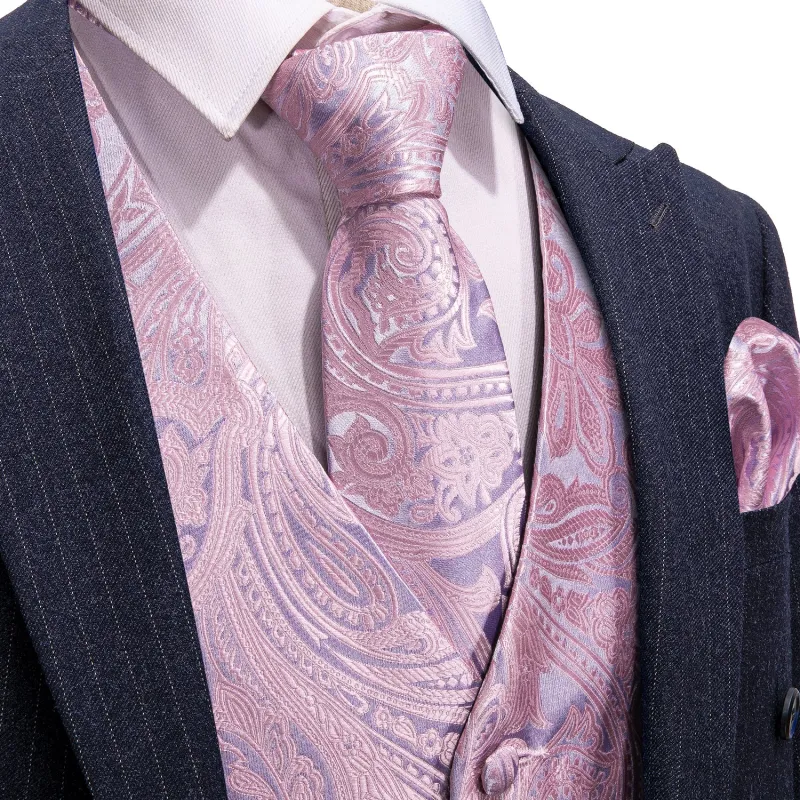 Barry. Wang Mens Pink Suit Waistcoat Silk Floral Jacquard Dress Vest Necktie Pocket Square Set for Wedding Party sold by Barrywang