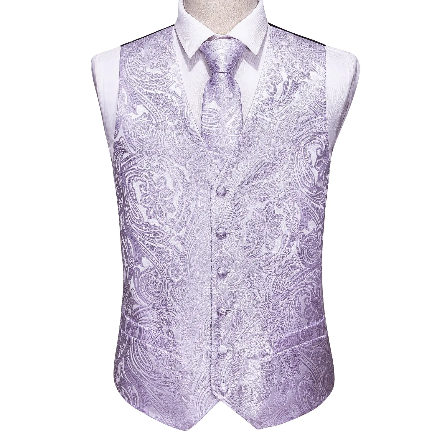 Barry. Wang Mens Lavender Suit Waistcoat Silk Floral Jacquard Dress Vest Necktie Pocket Square Set for Wedding Party sold by Barrywang product image thumbnail 4