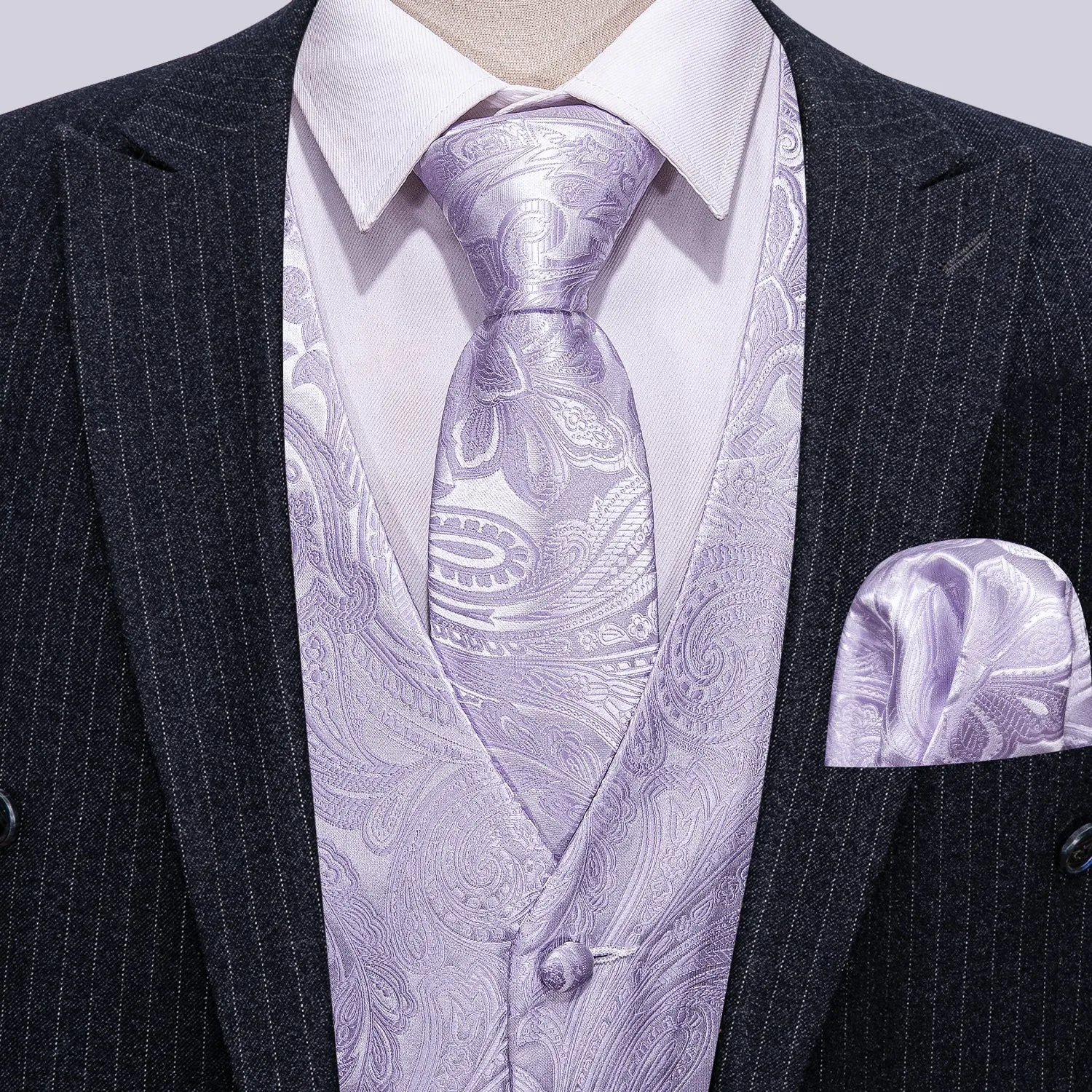 Barry. Wang Mens Lavender Suit Waistcoat Silk Floral Jacquard Dress Vest Necktie Pocket Square Set for Wedding Party sold by Barrywang product image thumbnail 2
