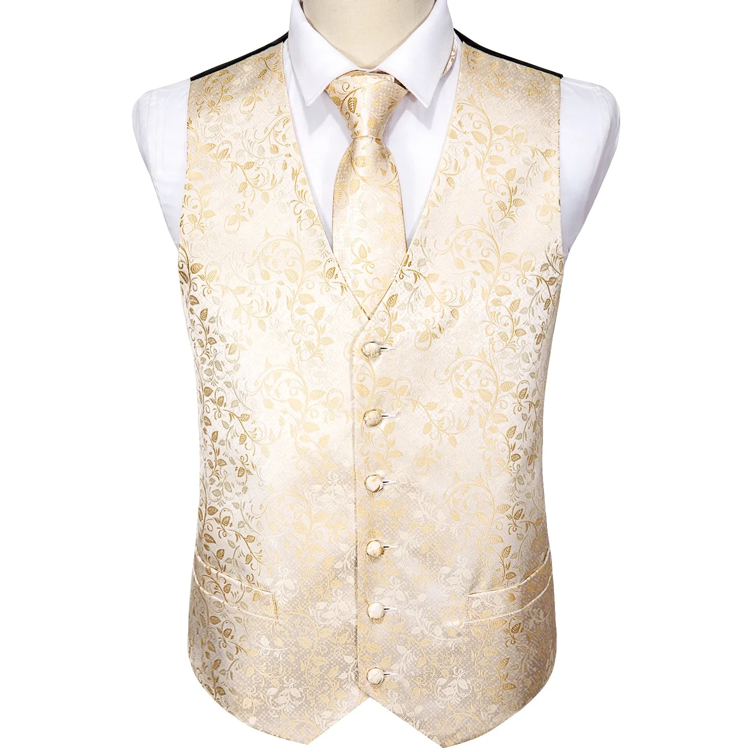 Barry. Wang Mens Champagne Vest Suit 4PCS Silk Paisley Vest Necktie Hanky Cufflinks Set Business Woven Waistcoat for Suit Tuxedo sold by Barrywang product image thumbnail 3