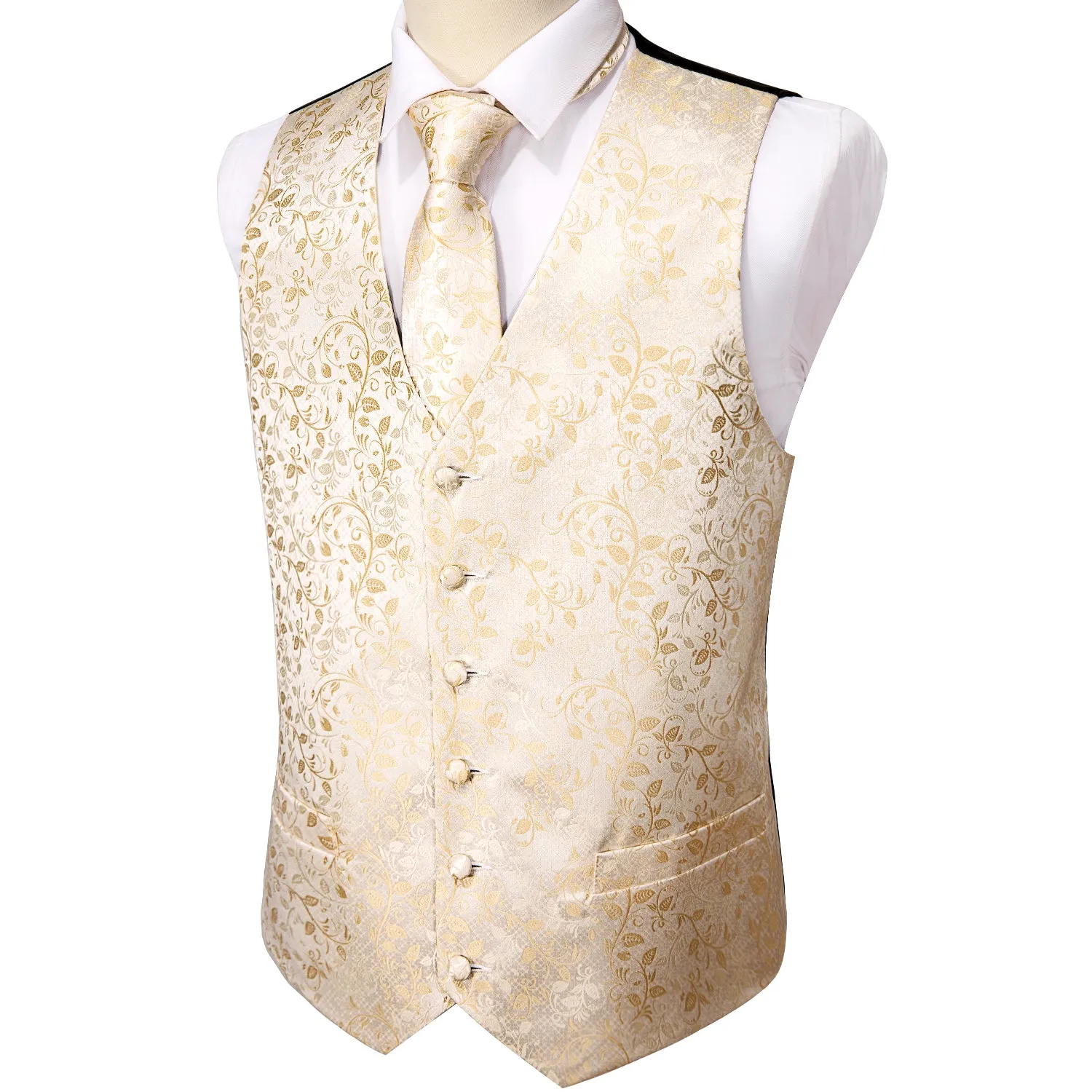 Barry. Wang Mens Champagne Vest Suit 4PCS Silk Paisley Vest Necktie Hanky Cufflinks Set Business Woven Waistcoat for Suit Tuxedo sold by Barrywang product image thumbnail 4