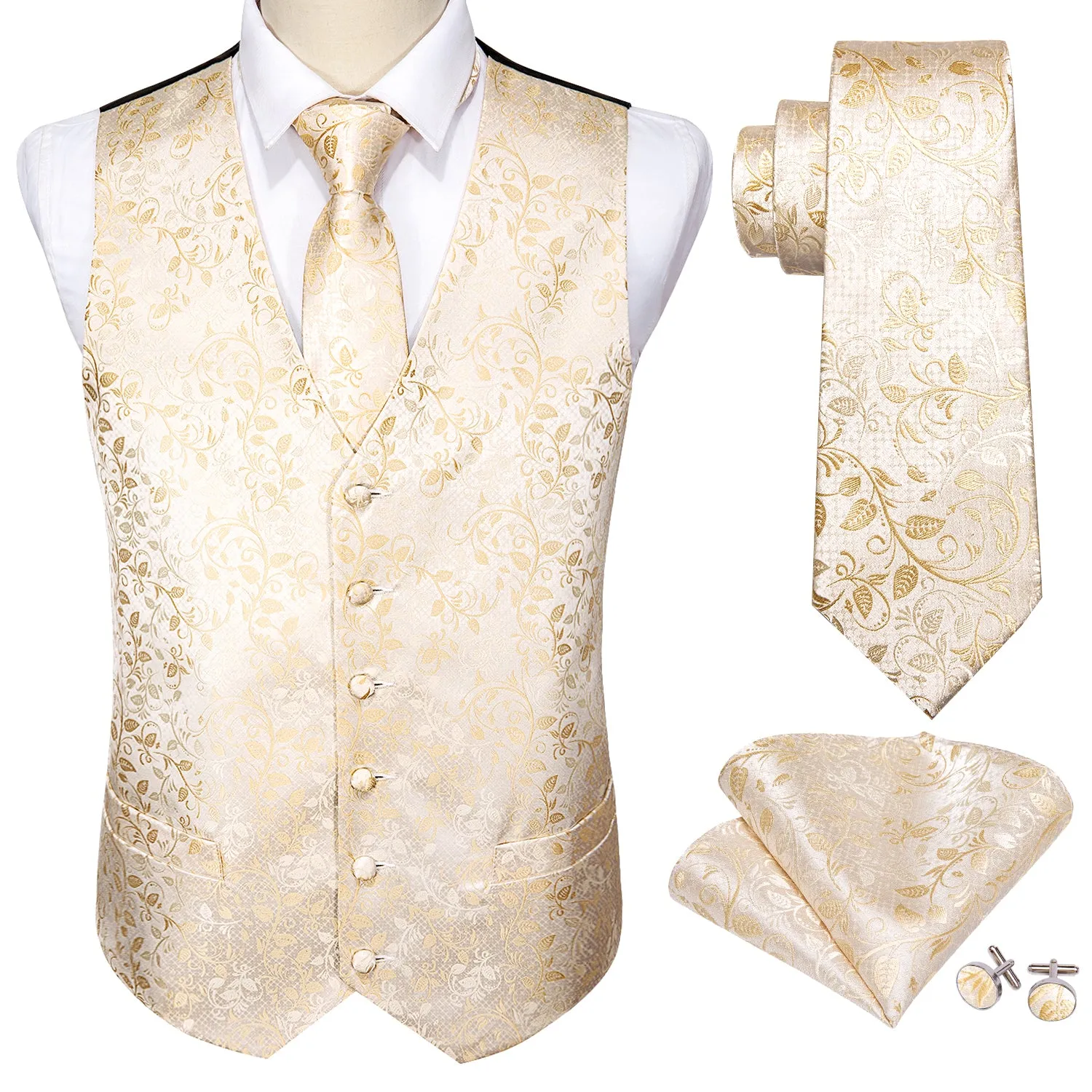 Barry. Wang Mens Champagne Vest Suit 4PCS Silk Paisley Vest Necktie Hanky Cufflinks Set Business Woven Waistcoat for Suit Tuxedo sold by Barrywang product image thumbnail 5