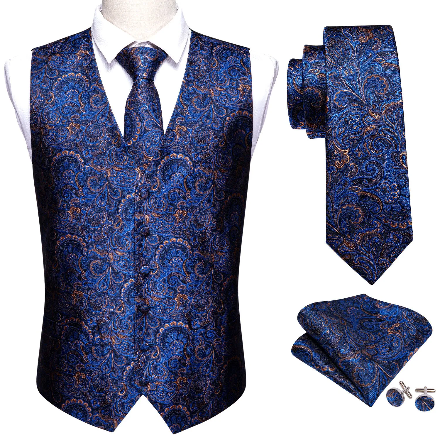 Barry. Wang Formal Men Navy Blue Vest Paisley Jacquard Dress Vest Wedding Suit Waistcoat Necktie Hanky Cufflinks Set 4PCS sold by Barrywang product image thumbnail 4