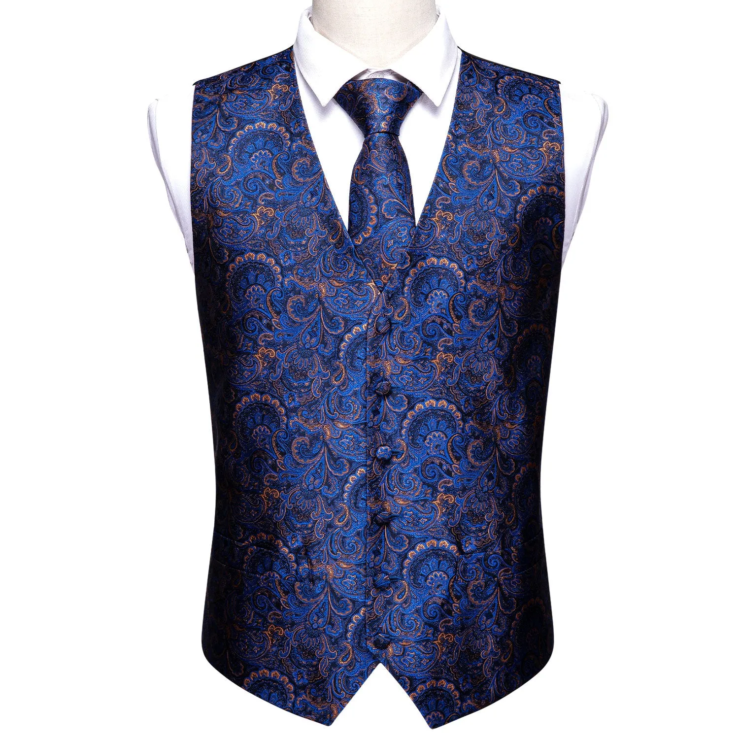 Barry. Wang Formal Men Navy Blue Vest Paisley Jacquard Dress Vest Wedding Suit Waistcoat Necktie Hanky Cufflinks Set 4PCS sold by Barrywang product image thumbnail 3