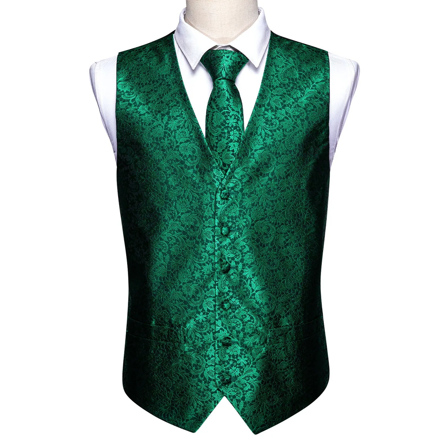 Barry. Wang Mens Emerald Green Vest Suit 4PCS Silk Paisley Vest Necktie Hanky Cufflinks Set Business Woven Waistcoat for Suit Tuxedo sold by Barrywang product image thumbnail 4