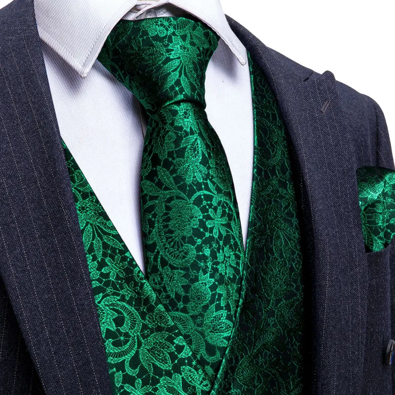 Barry. Wang Mens Emerald Green Vest Suit 4PCS Silk Paisley Vest Necktie Hanky Cufflinks Set Business Woven Waistcoat for Suit Tuxedo sold by Barrywang