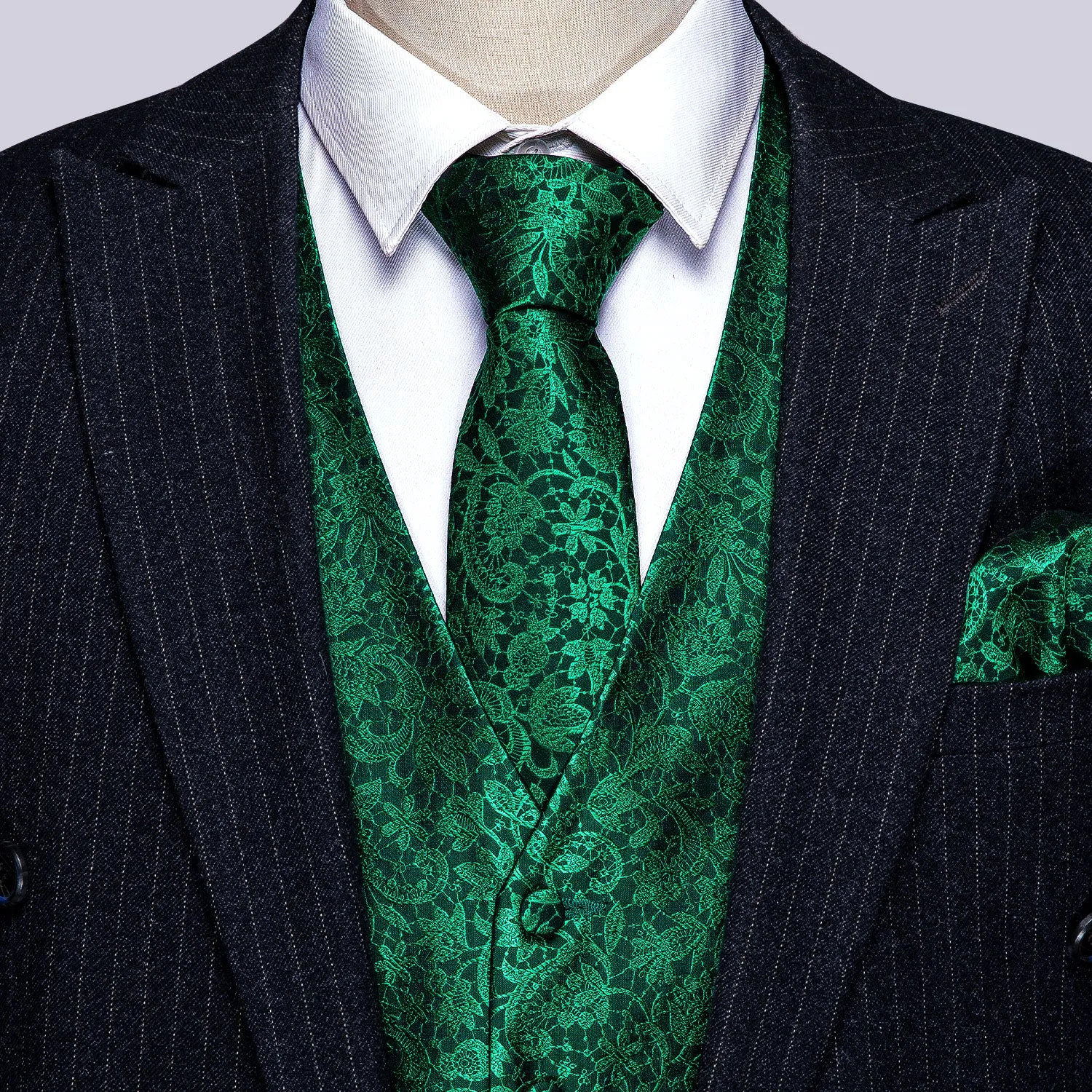 Barry. Wang Mens Emerald Green Vest Suit 4PCS Silk Paisley Vest Necktie Hanky Cufflinks Set Business Woven Waistcoat for Suit Tuxedo sold by Barrywang product image thumbnail 2
