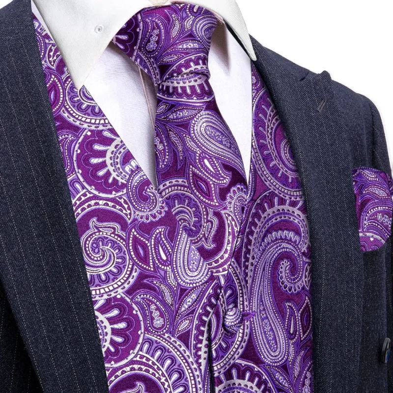 Barry. Wang Mens Purple Vest Suit 4PCS Silk Silver Paisley Vest Necktie Hanky Cufflinks Set Business Woven Waistcoat for Suit Tuxedo sold by Barrywang