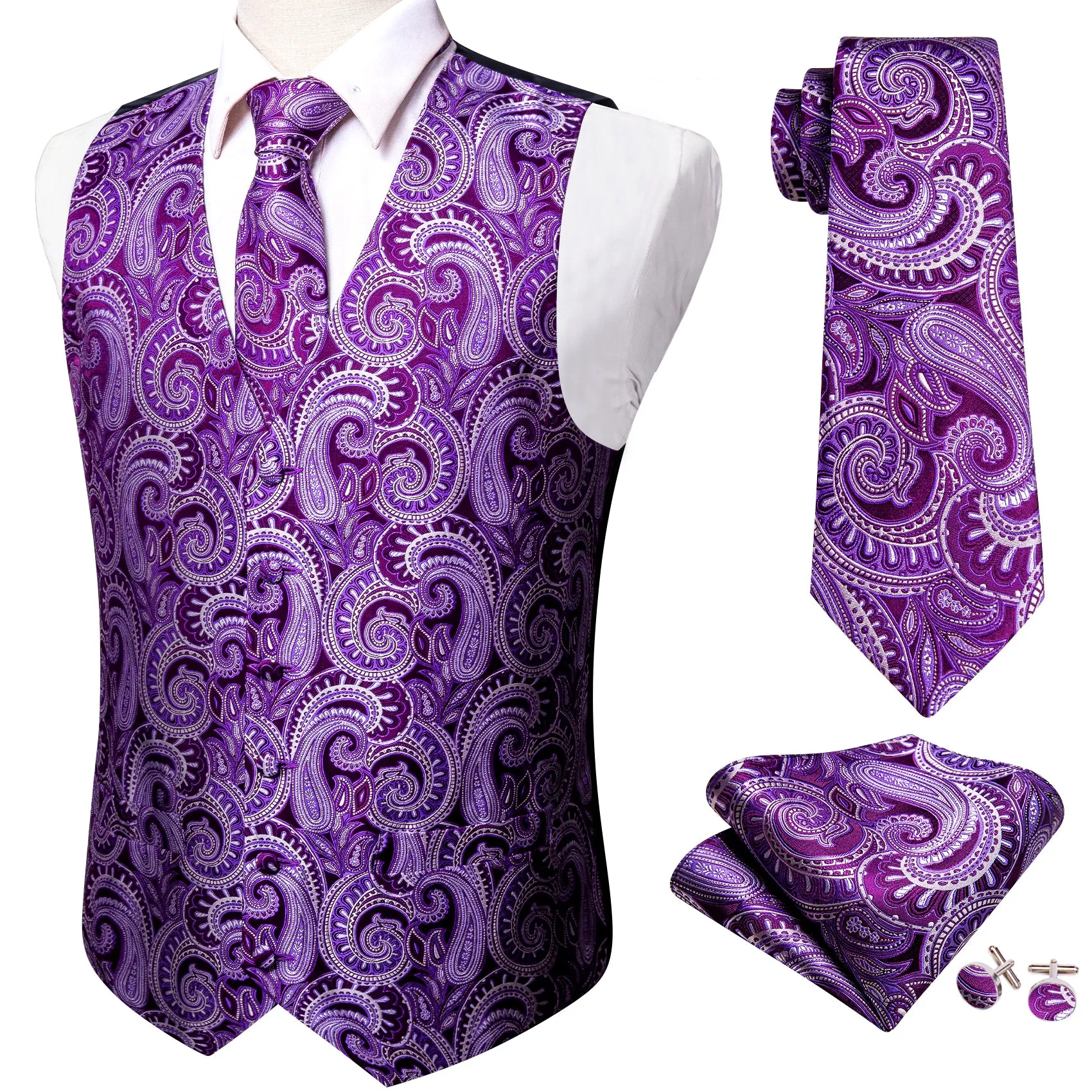 Barry. Wang Mens Purple Vest Suit 4PCS Silk Silver Paisley Vest Necktie Hanky Cufflinks Set Business Woven Waistcoat for Suit Tuxedo sold by Barrywang product image thumbnail 3