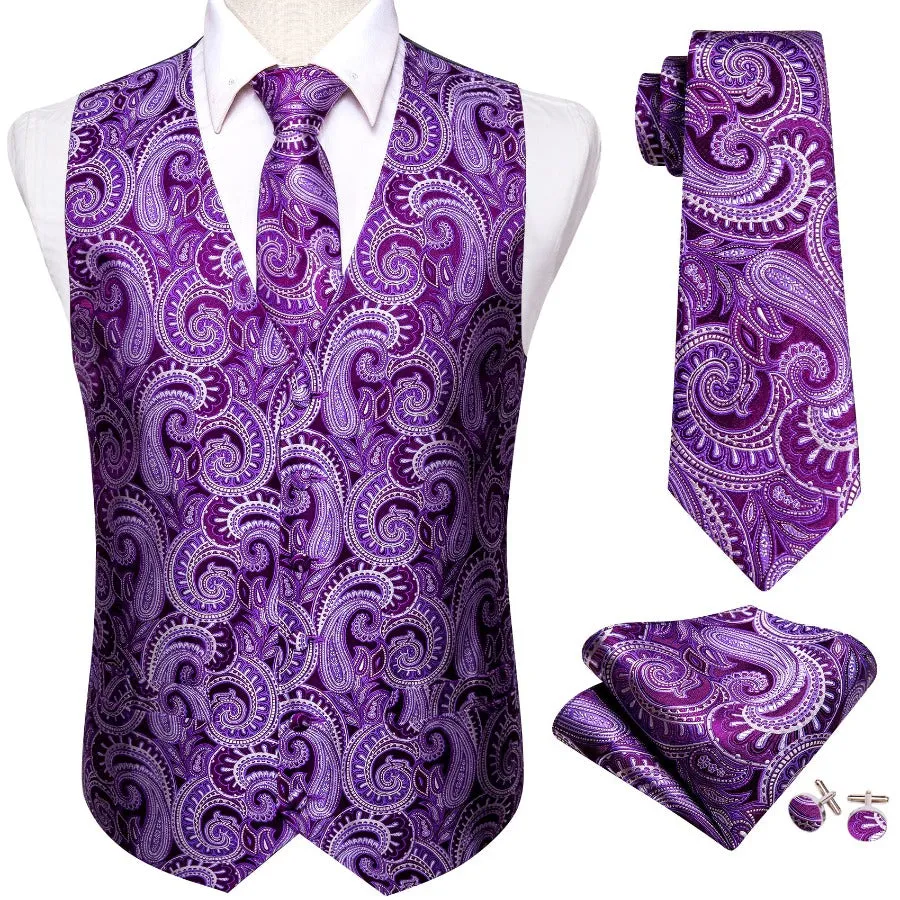 Barry. Wang Mens Purple Vest Suit 4PCS Silk Silver Paisley Vest Necktie Hanky Cufflinks Set Business Woven Waistcoat for Suit Tuxedo sold by Barrywang product image thumbnail 2