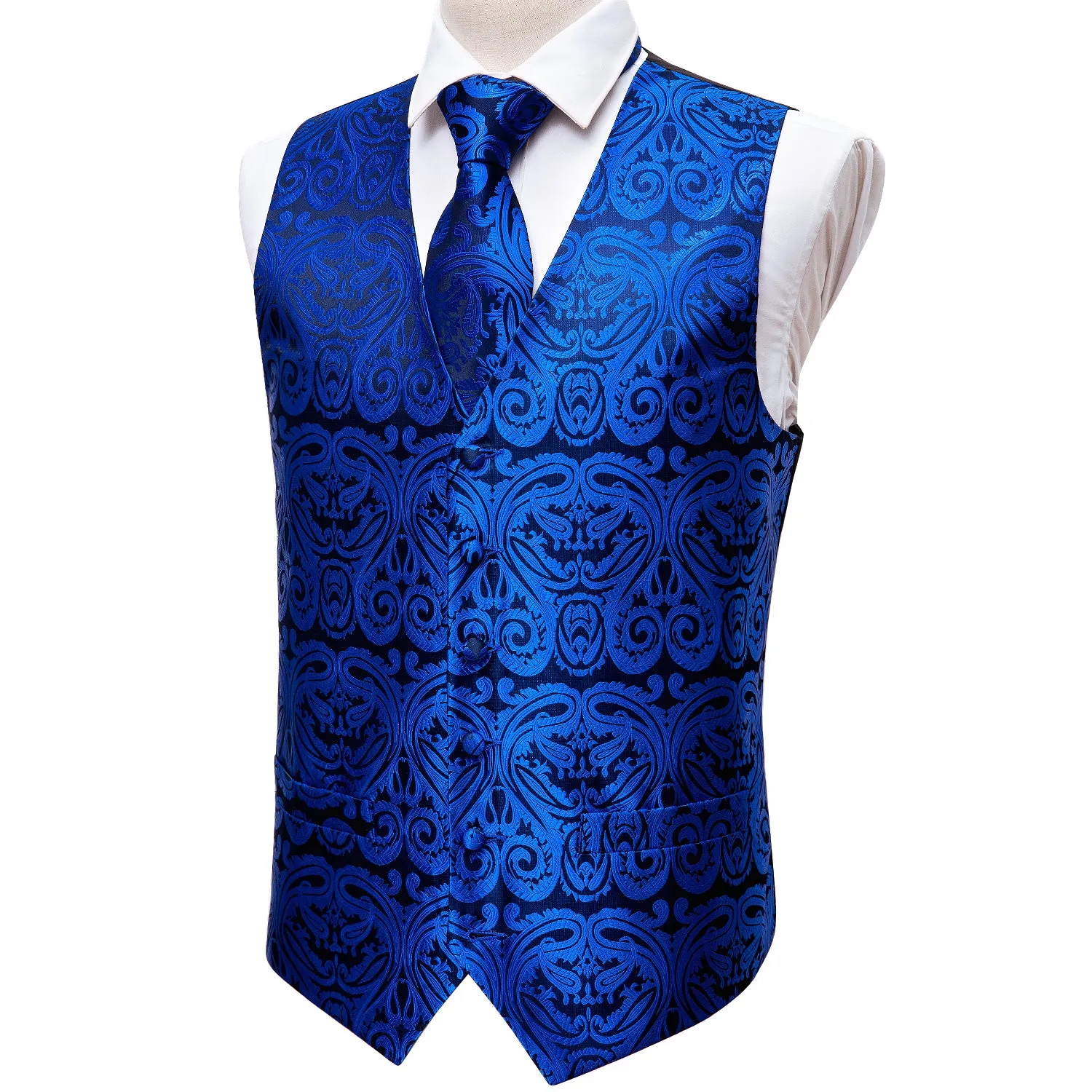 Barry. Wang Mens Royal Blue Vest Suit 4PCS Silk Paisley Vest Necktie Hanky Cufflinks Set Business Woven Waistcoat for Suit Tuxedo sold by Barrywang product image thumbnail 4