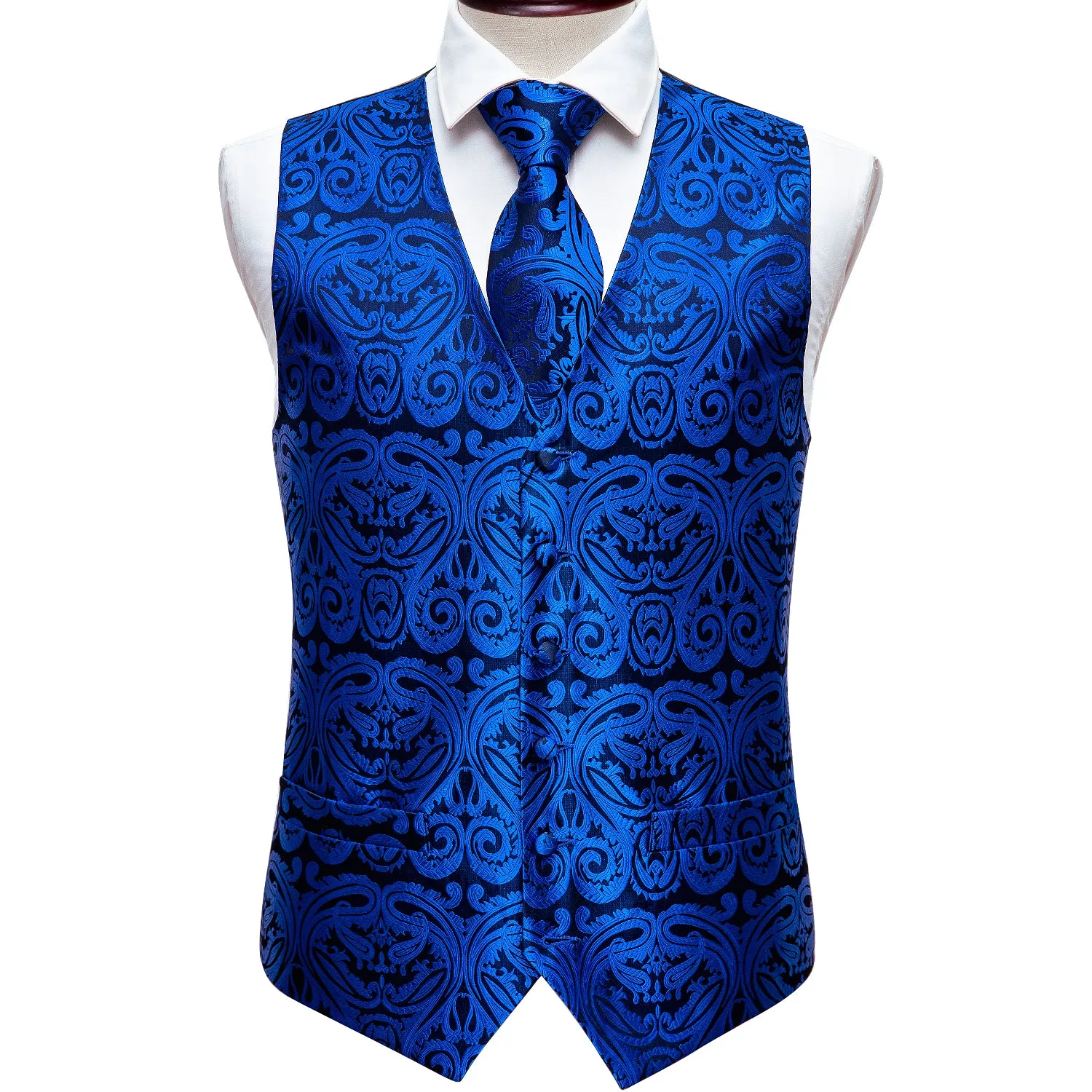 Barry. Wang Mens Royal Blue Vest Suit 4PCS Silk Paisley Vest Necktie Hanky Cufflinks Set Business Woven Waistcoat for Suit Tuxedo sold by Barrywang product image thumbnail 3