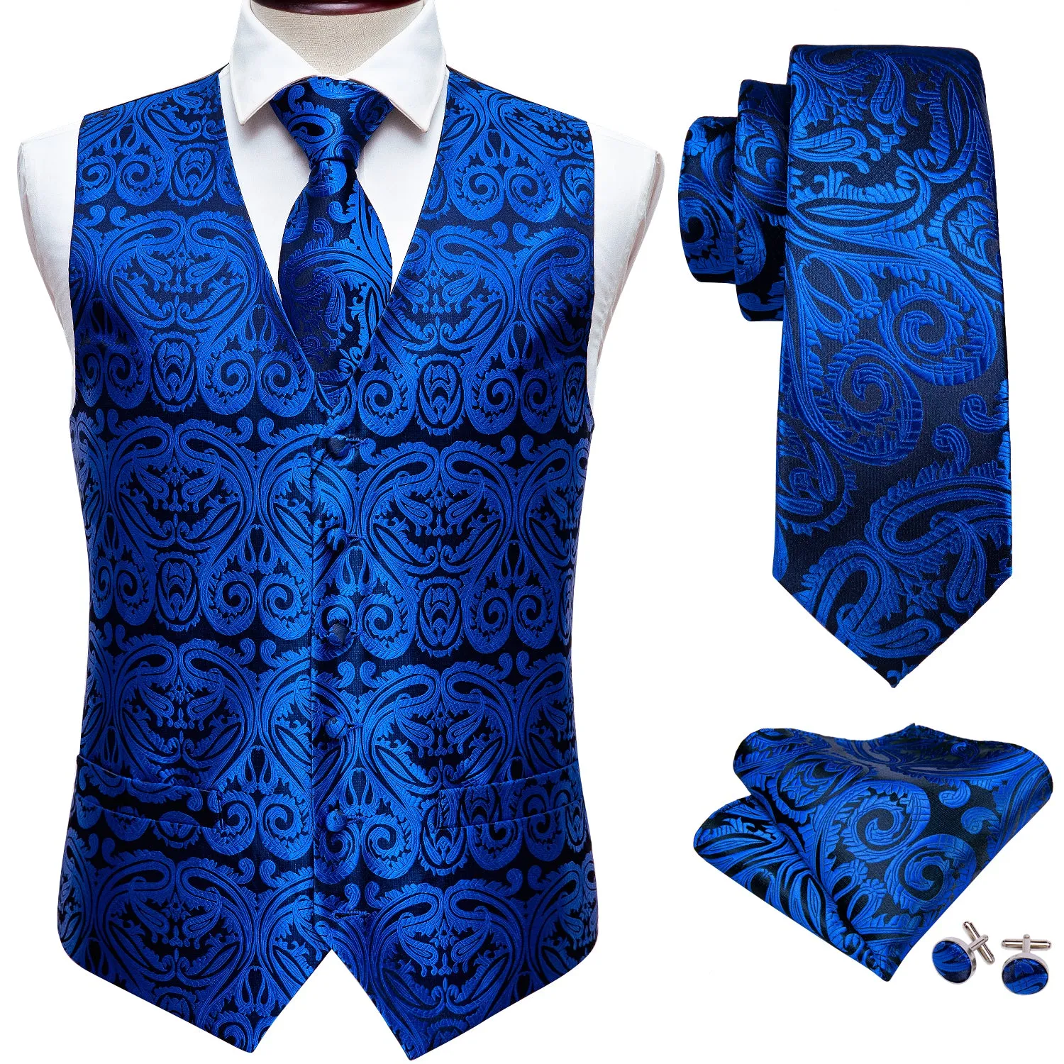 Barry. Wang Mens Royal Blue Vest Suit 4PCS Silk Paisley Vest Necktie Hanky Cufflinks Set Business Woven Waistcoat for Suit Tuxedo sold by Barrywang product image thumbnail 2