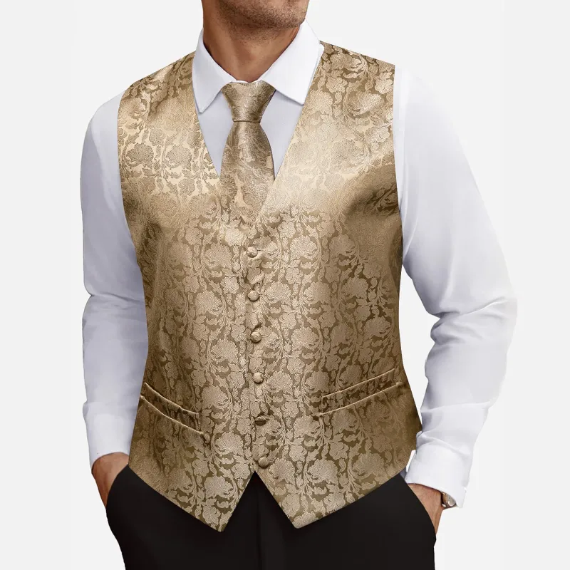 Barry. Wang Champagne Mens suit Vest Paisley Floral Jacquard Formal Waistcoat Pocket Square Cufflinks Set for For Tuxedo Wedding Party Business sold by Barrywang
