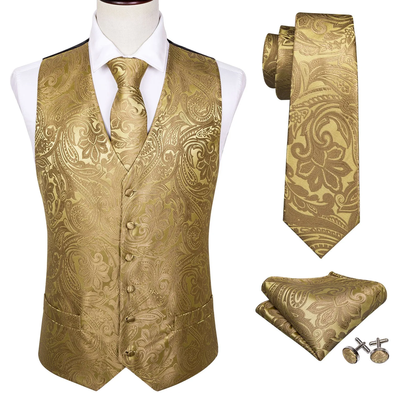 Barry. Wang Mens Gold Vest Suit 4PCS Silk Paisley Vest Necktie Hanky Cufflinks Set Business Woven Waistcoat for Suit Tuxedo sold by Barrywang product image thumbnail 2