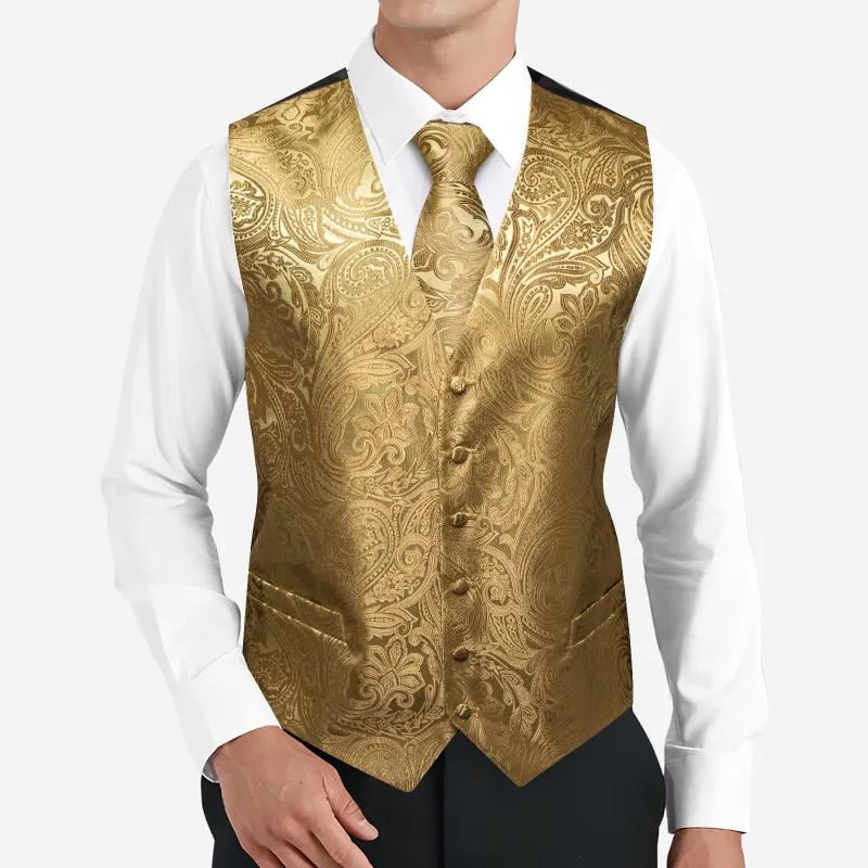 Barry. Wang Mens Gold Vest Suit 4PCS Silk Paisley Vest Necktie Hanky Cufflinks Set Business Woven Waistcoat for Suit Tuxedo sold by Barrywang