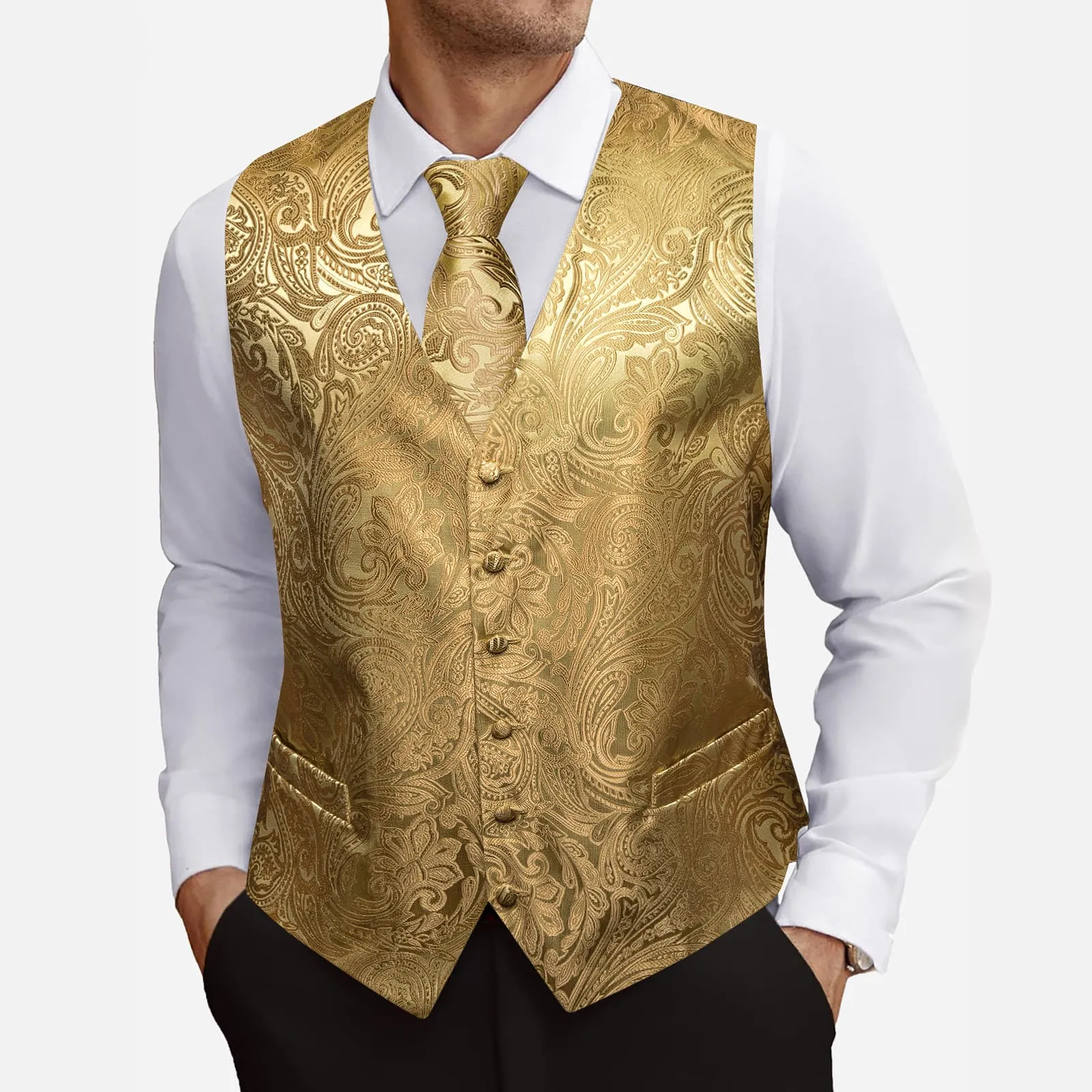 Barry. Wang Mens Gold Vest Suit 4PCS Silk Paisley Vest Necktie Hanky Cufflinks Set Business Woven Waistcoat for Suit Tuxedo sold by Barrywang product image thumbnail 4