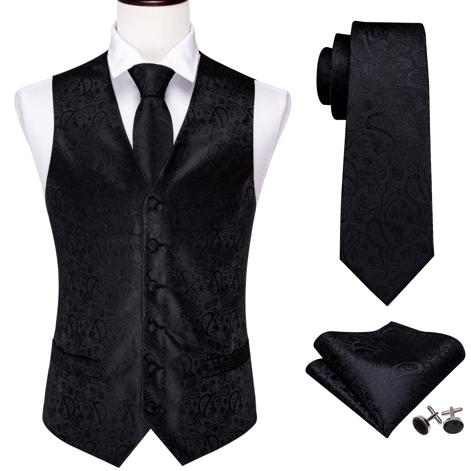 Barry. Wang Black Mens Suit Vest Paisley Floral Jacquard Formal Waistcoat Pocket Square Cufflinks Set for For Tuxedo Wedding Party Business sold by Barrywang product image thumbnail 2