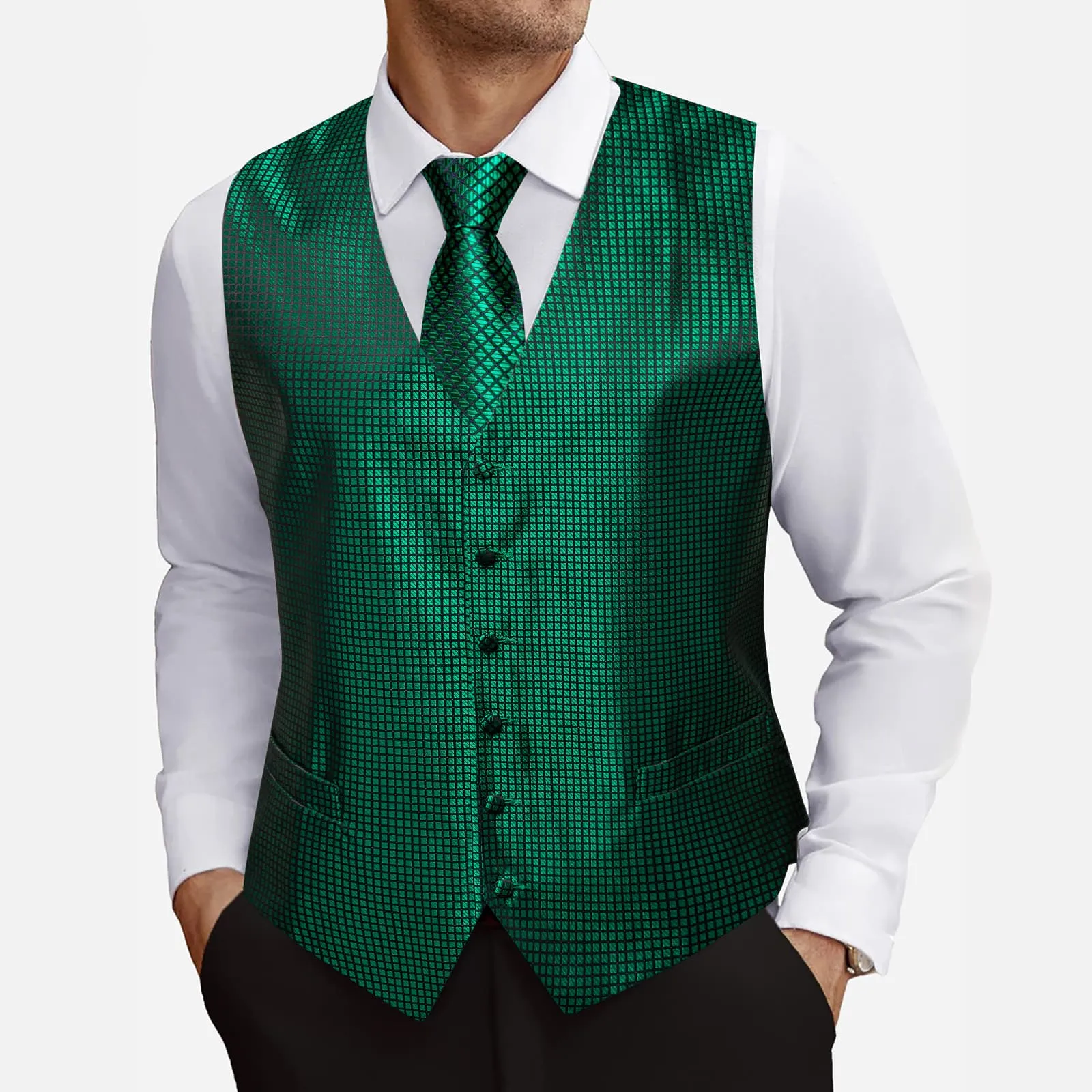 Barry. Wang Mens Emerald Green Suit Vest Silk Plaid Jacquard Dress Vest Necktie Pocket Square Set for Wedding Party sold by Barrywang