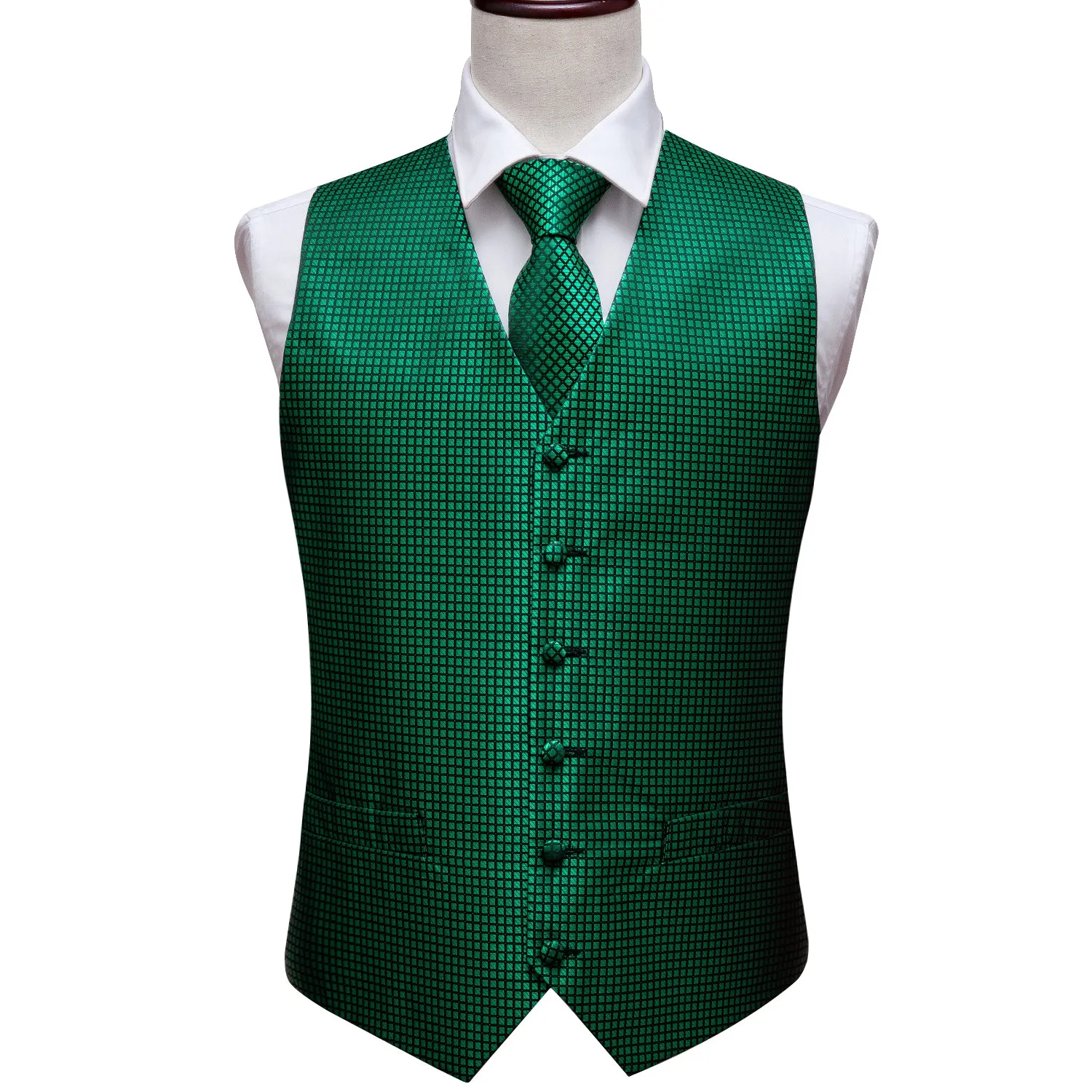 Barry. Wang Mens Emerald Green Suit Vest Silk Plaid Jacquard Dress Vest Necktie Pocket Square Set for Wedding Party sold by Barrywang product image thumbnail 4