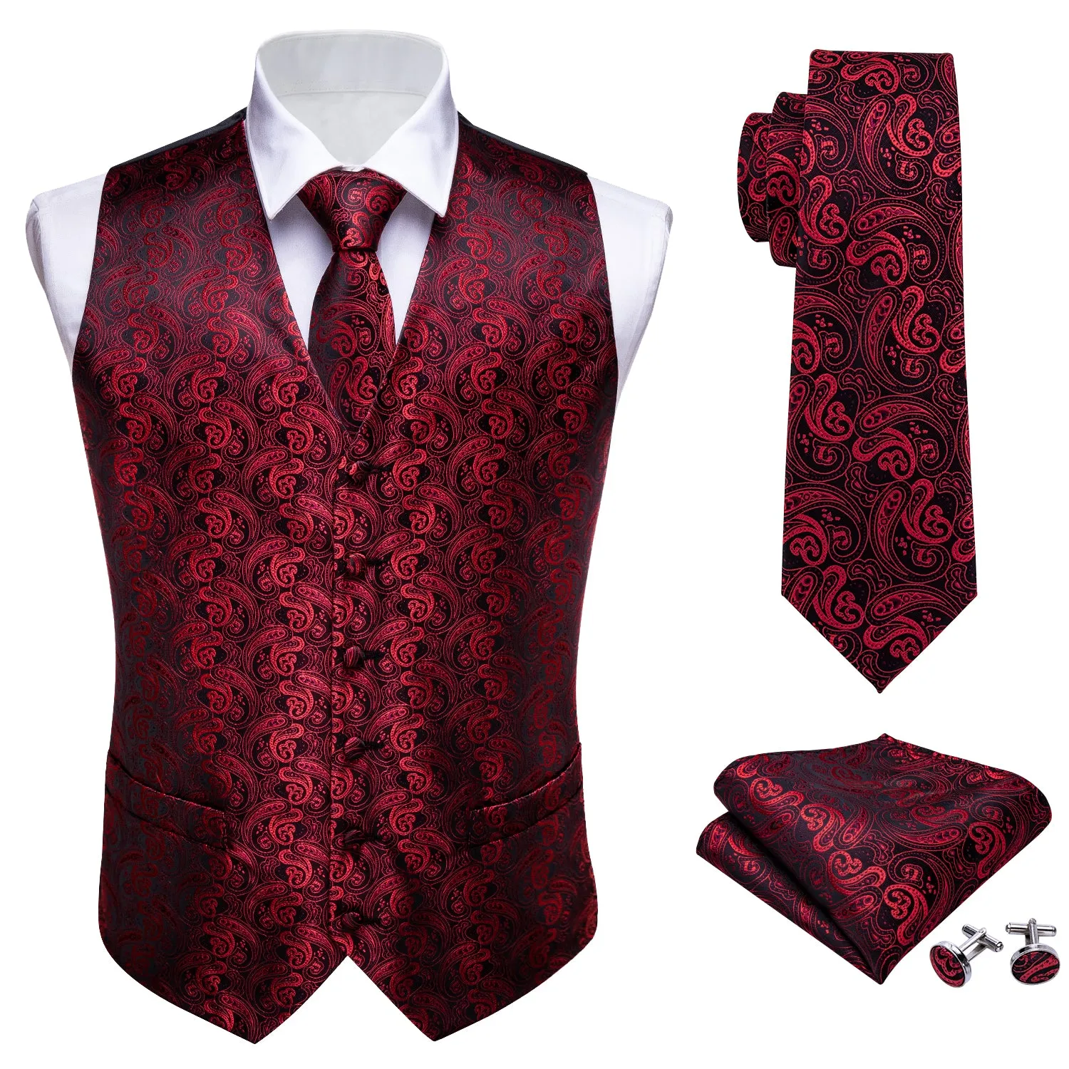 Barry. Wang Mens Burgundy Suit Vest Business Paisley Jacquared Formal Dress Waistcoat Necktie Pocket Square Cufflinks Set sold by Barrywang product image thumbnail 3