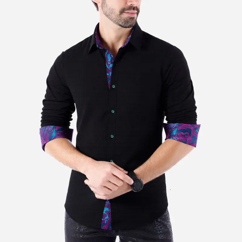 Barry. Wang Black Blue Patchwork Long Sleeve Button Down Silk Dress Shirt sold by Barrywang