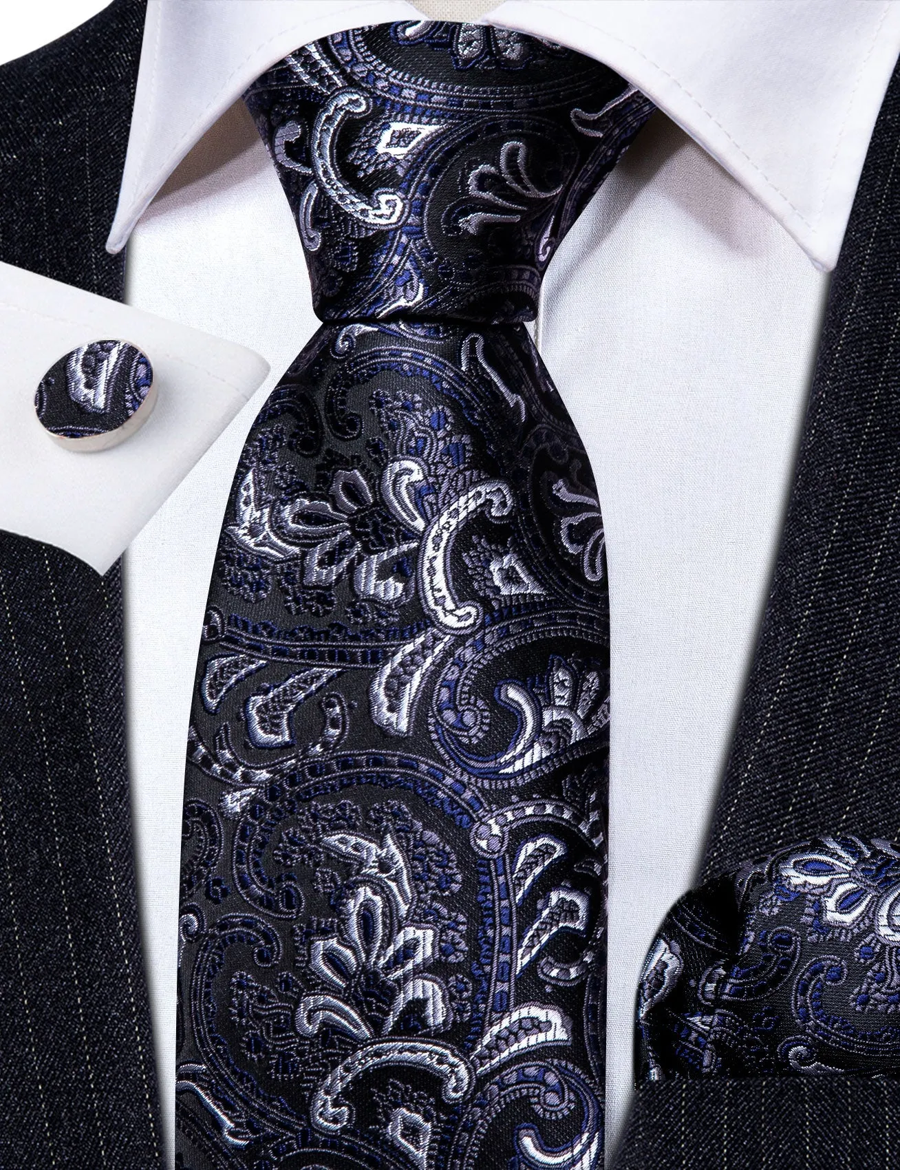 Barry. Wang Black Tie Blue White Paisley Silk Tie Hanky Cufflinks Set sold by Barrywang product image thumbnail 5