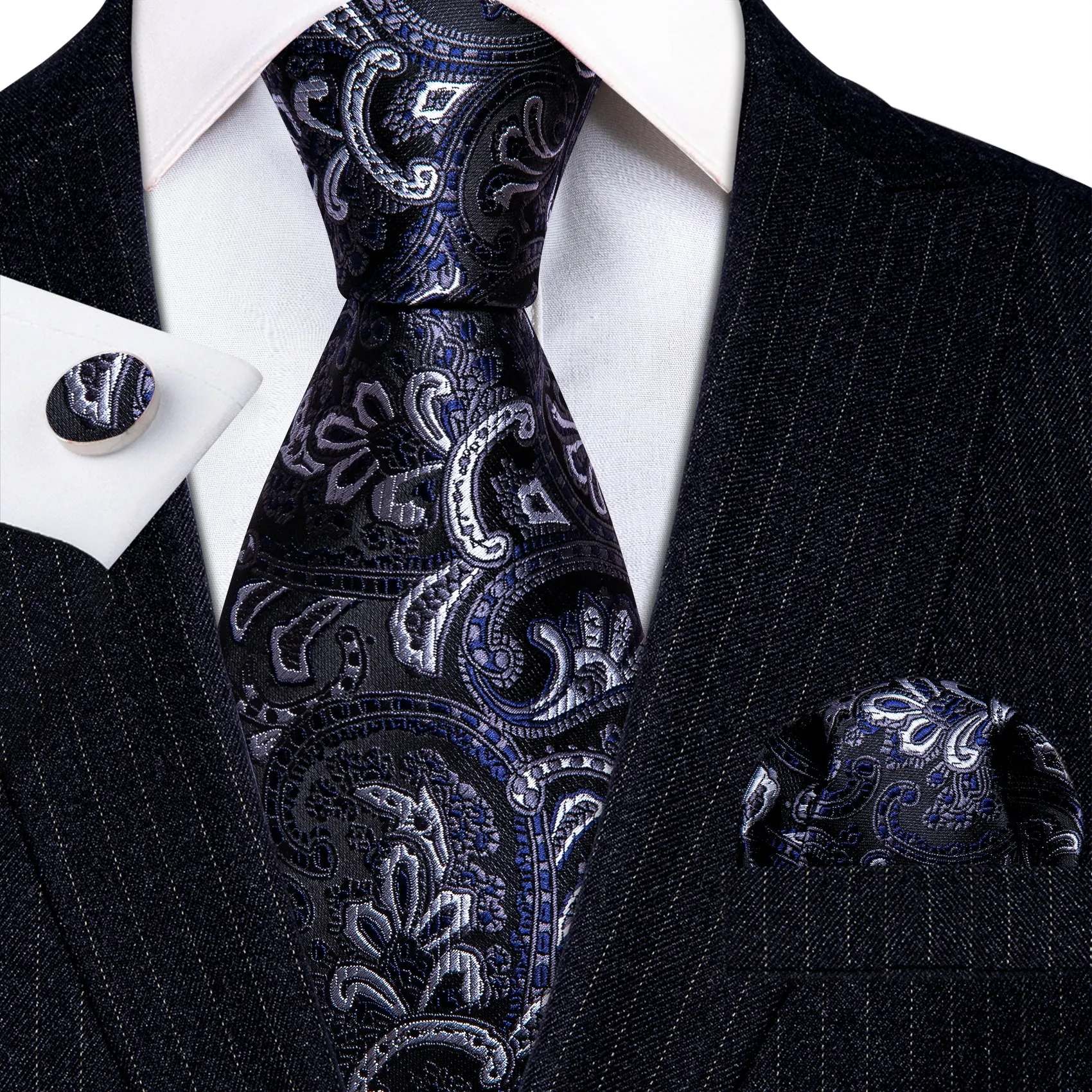 Barry. Wang Black Tie Blue White Paisley Silk Tie Hanky Cufflinks Set sold by Barrywang product image thumbnail 2