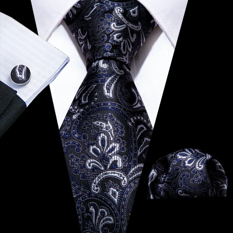 Barry Wang Black Tie Blue White Paisley Silk Tie Hanky Cufflinks Set sold by Barrywang