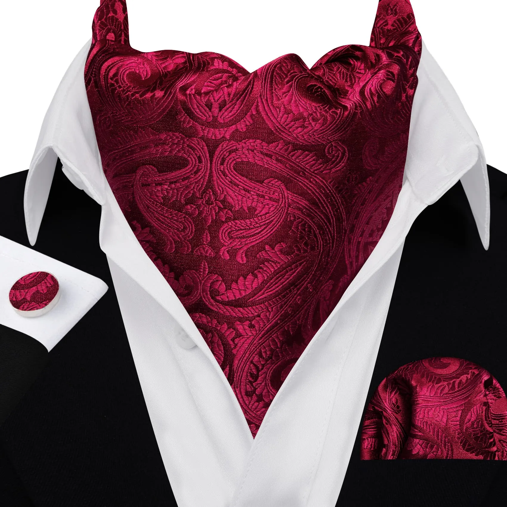 Barry Wang Red Paisley Silk Ascot Tie Handkerchief Cufflinks Set sold by Barrywang product image thumbnail 3