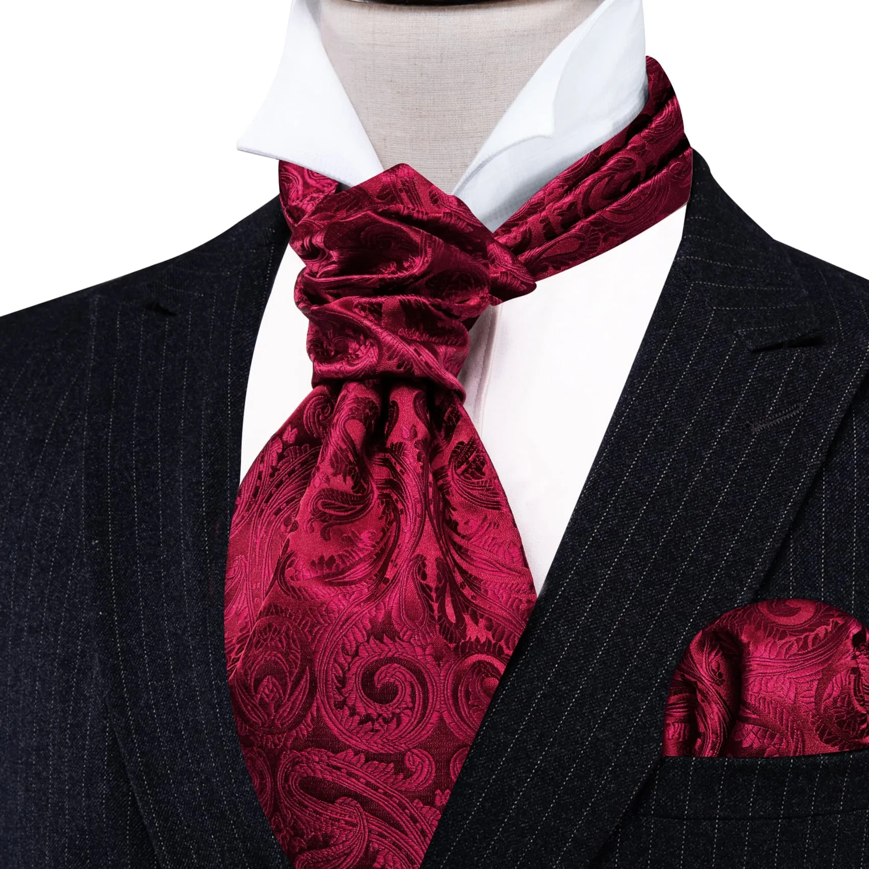 Barry Wang Red Paisley Silk Ascot Tie Handkerchief Cufflinks Set sold by Barrywang