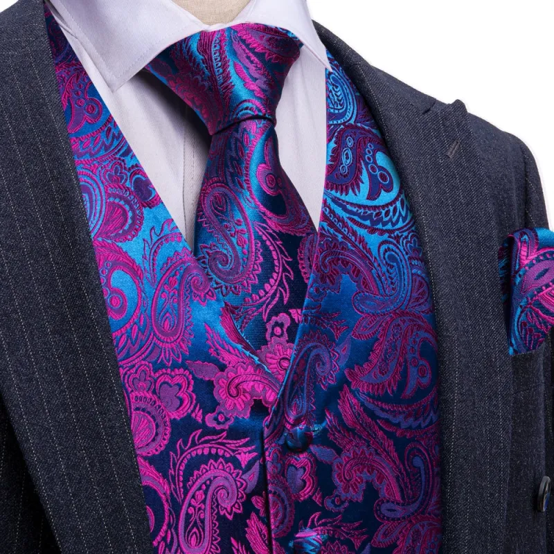 Barry. Wang Paisley Formal Vest Purple Blu  Dress Waistcoat Necktie Hanky Cufflinks Set sold by Barrywang