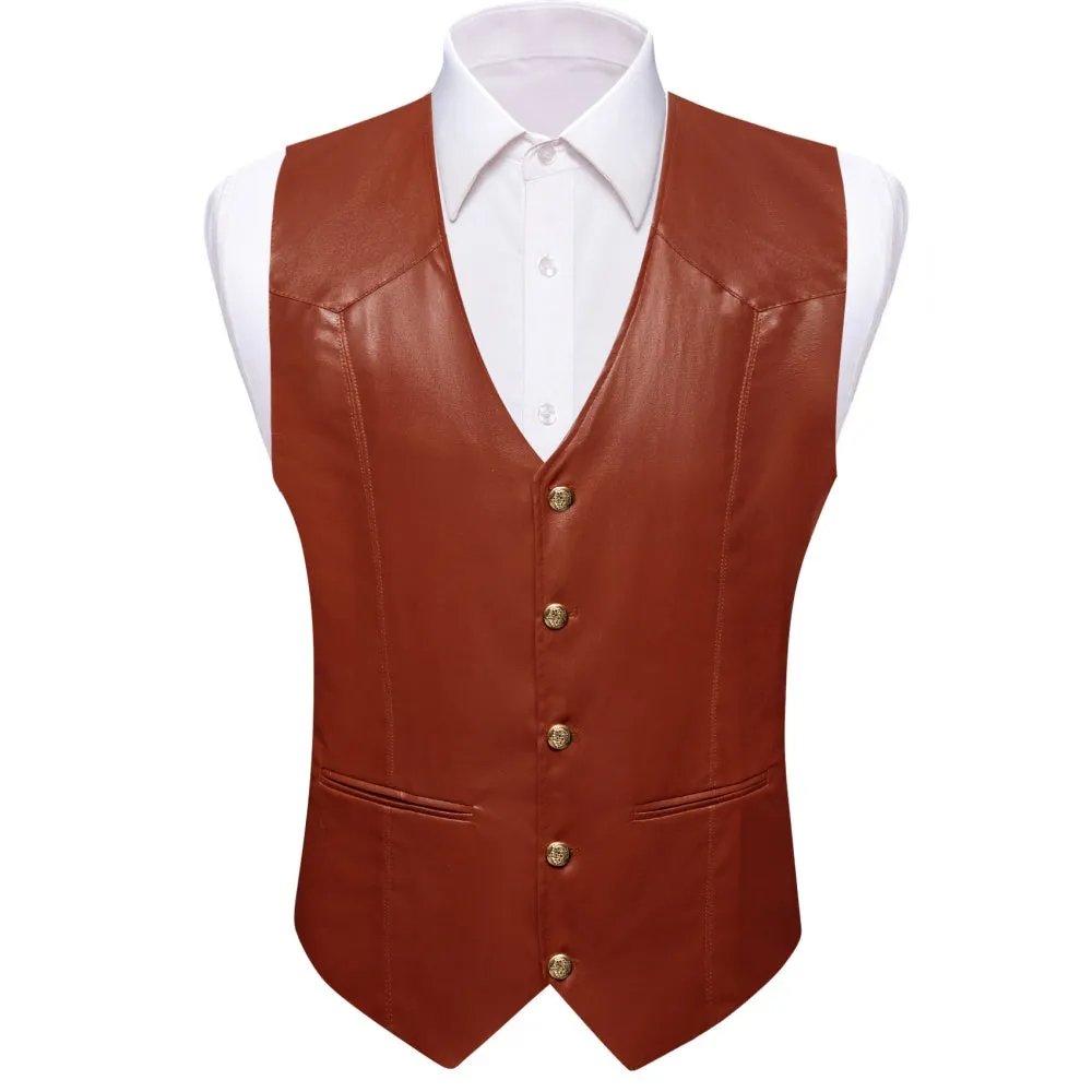 Barry. Wang Brown Leather Suit Vest Casual Western V-Neck Vest Jacket sold by Barrywang
